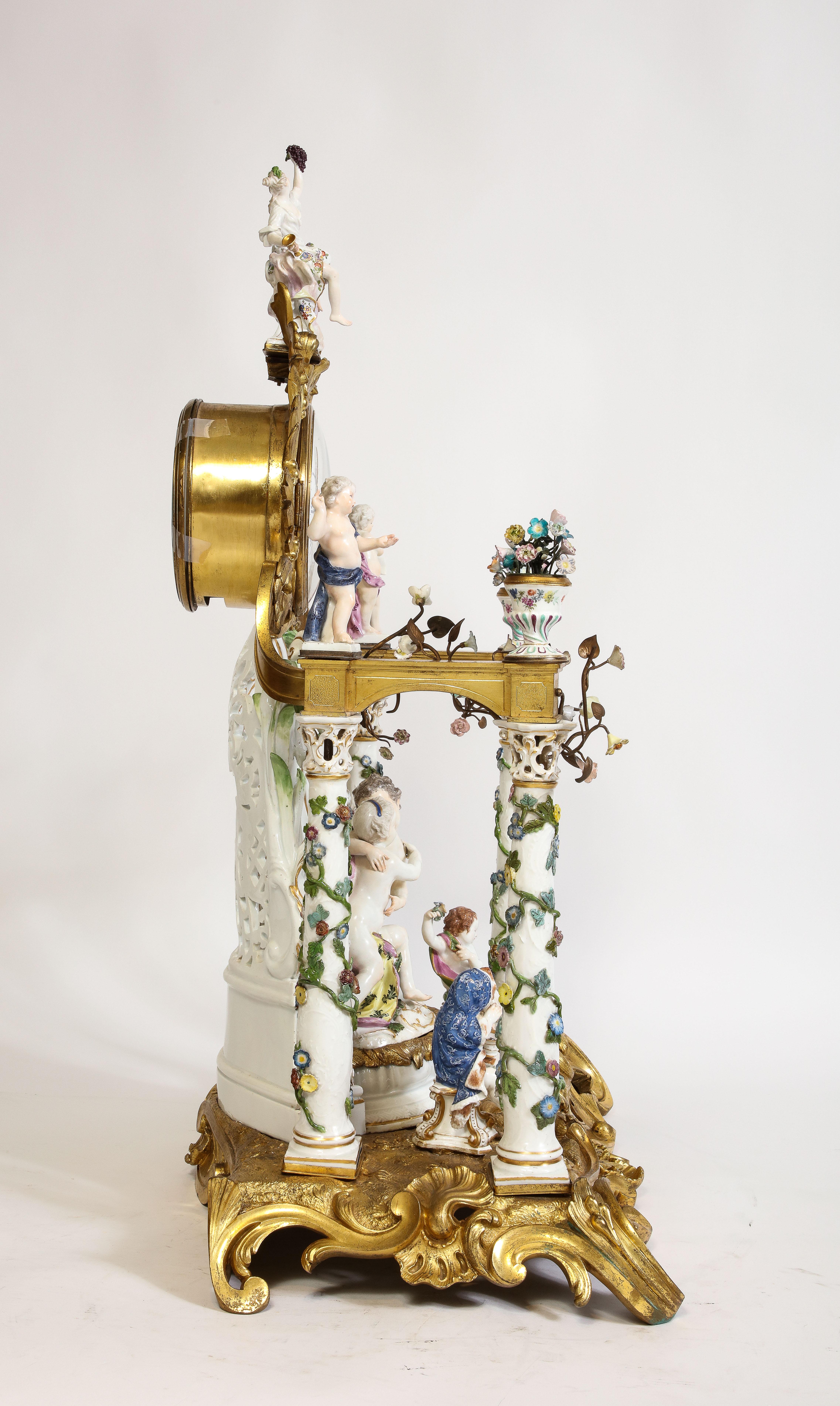 A Very Large Rare Meissen Porcelain 3 Piece Clock & Candelabra Garniture Set For Sale 4