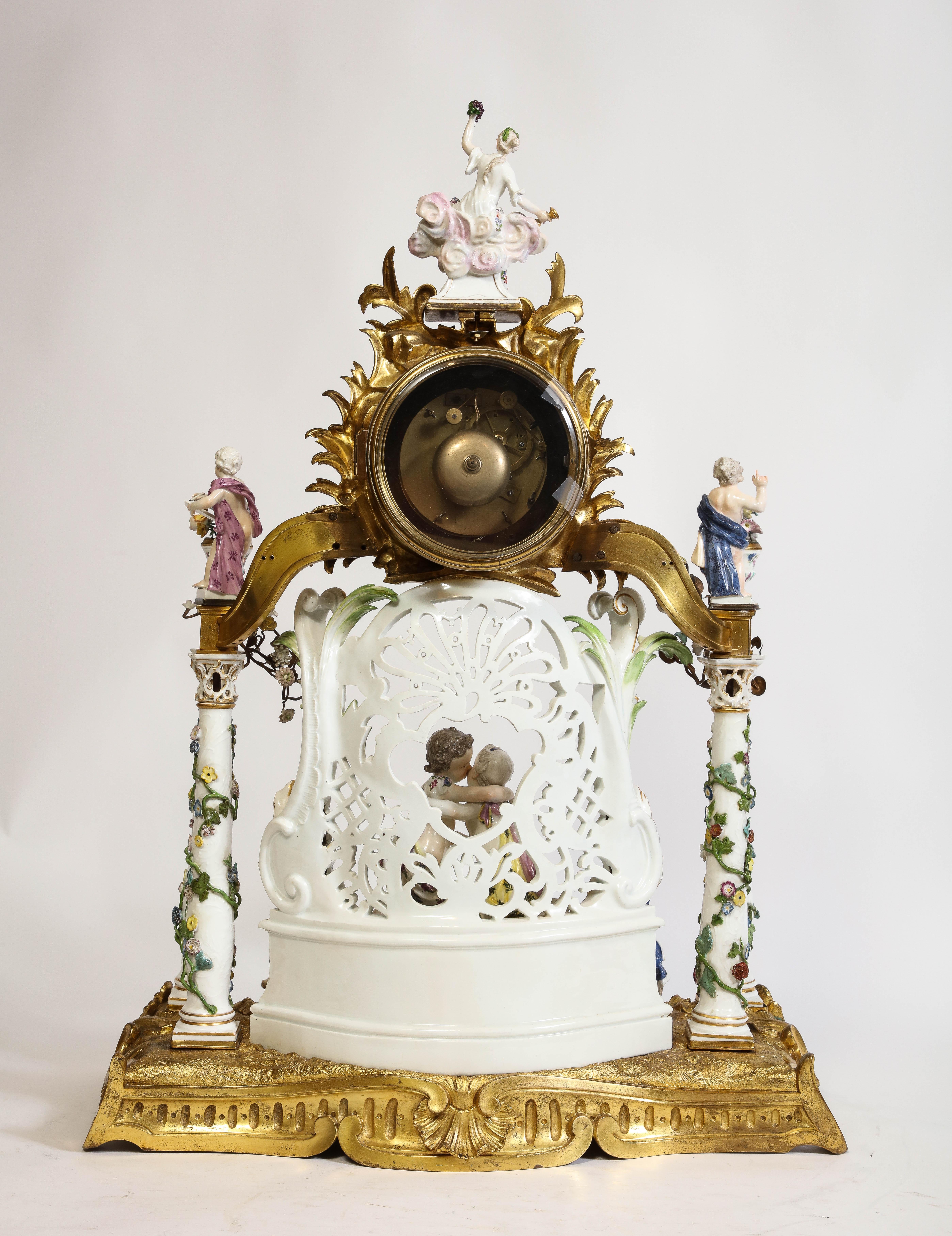 Gilt A Very Large Rare Meissen Porcelain 3 Piece Clock & Candelabra Garniture Set For Sale