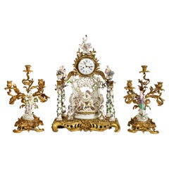 Vintage A Very Large Rare Meissen Porcelain 3 Piece Clock & Candelabra Garniture Set