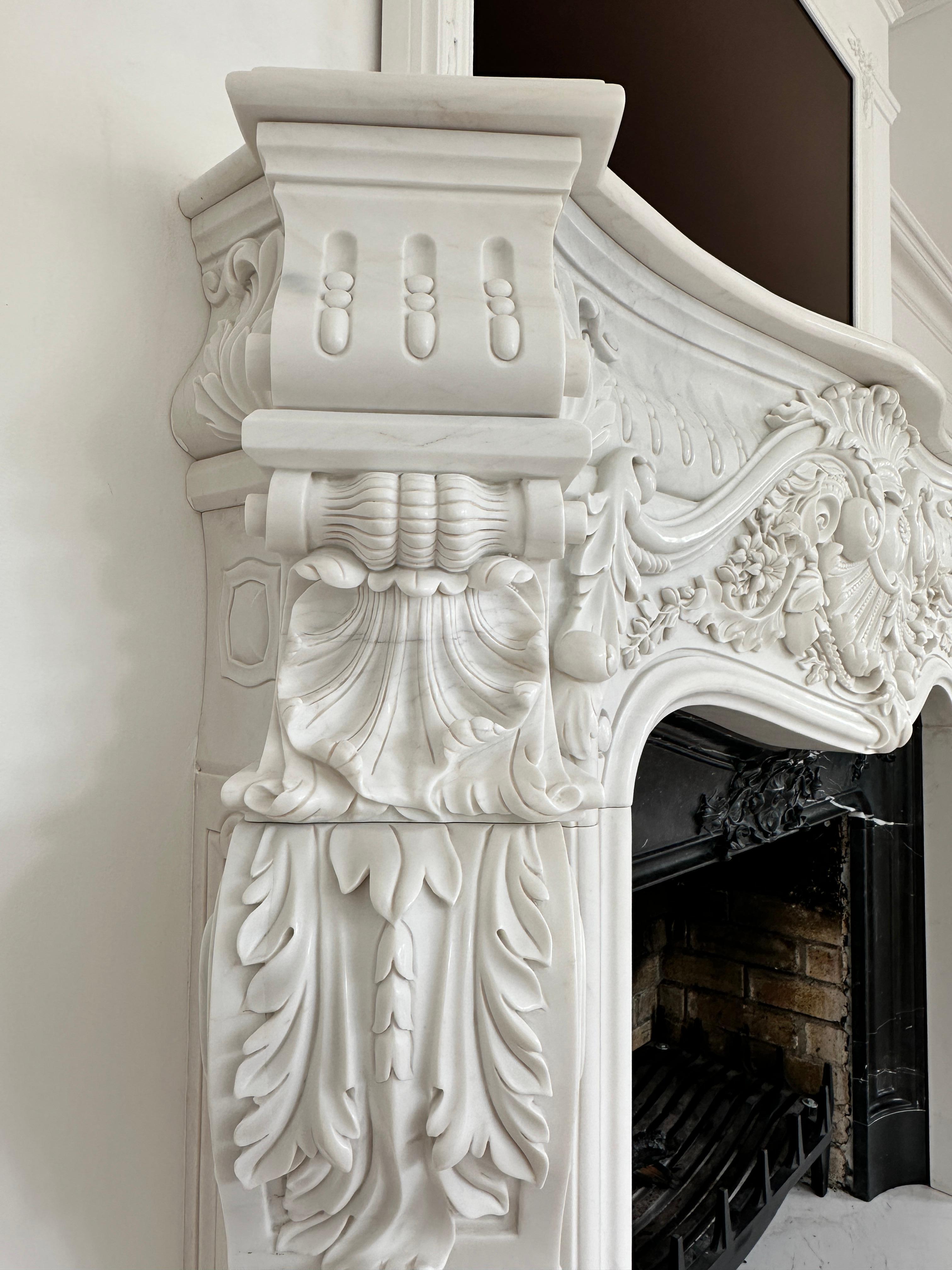 A Very large Reclaimed French Rococo White Marble Fireplace For Sale 4