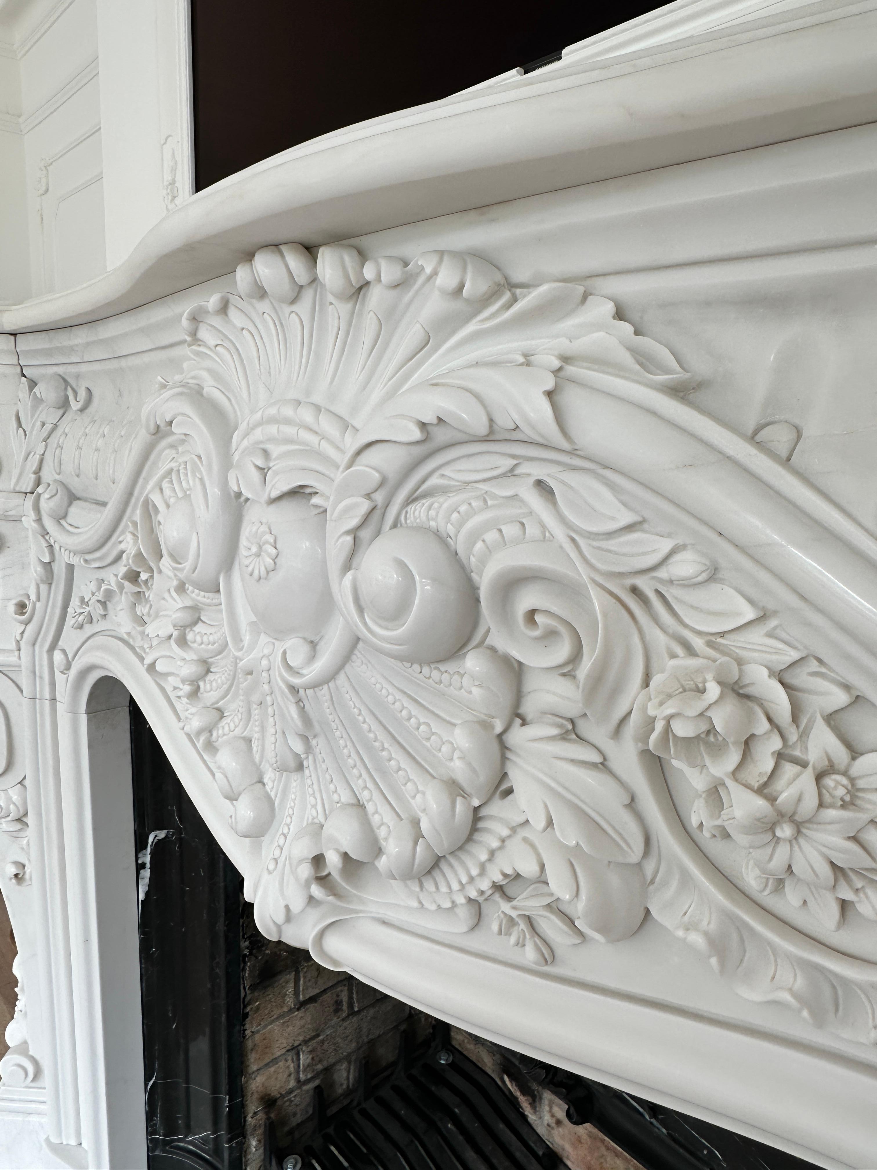 A Very large Reclaimed French Rococo White Marble Fireplace For Sale 2