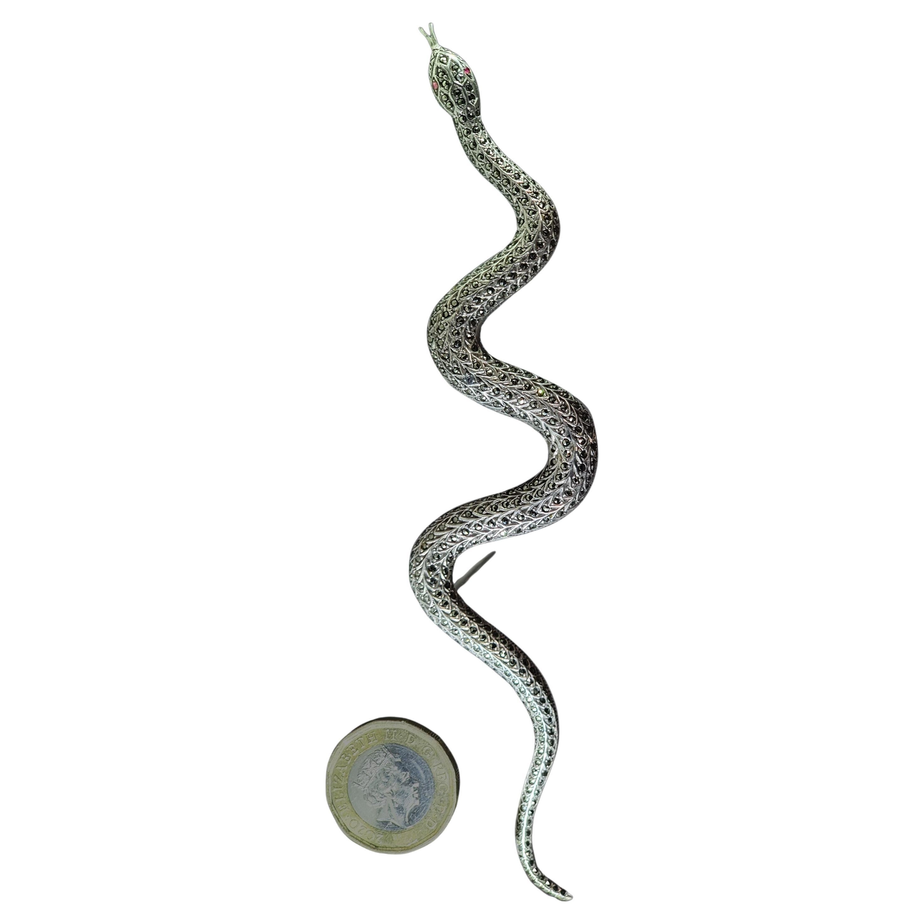 A very large  vintage 1920s Stirling silver and marcasite snake brooch For Sale