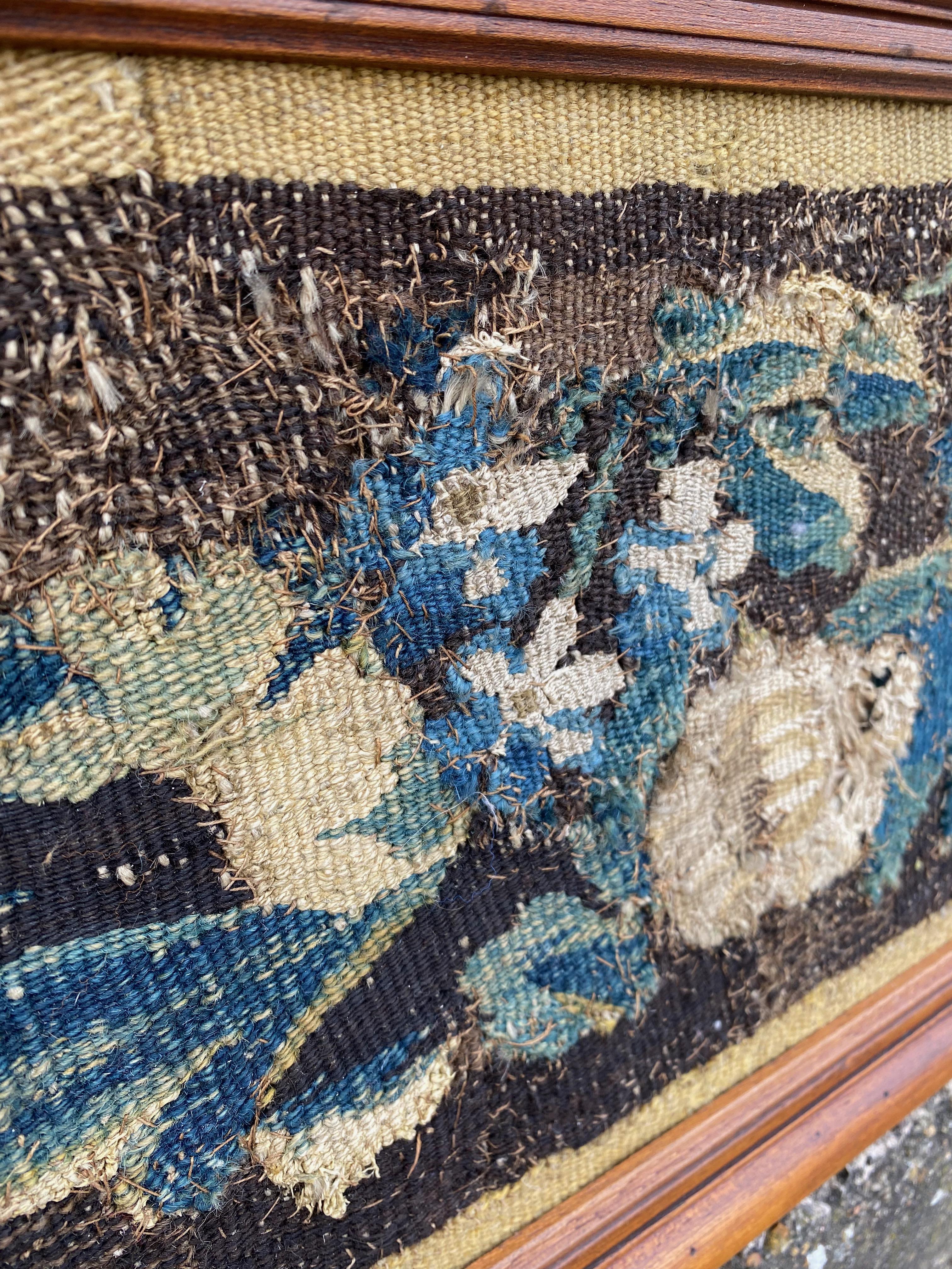 Hand-Knotted Very Long Framed Verdure Aubusson Tapestry Fragment
