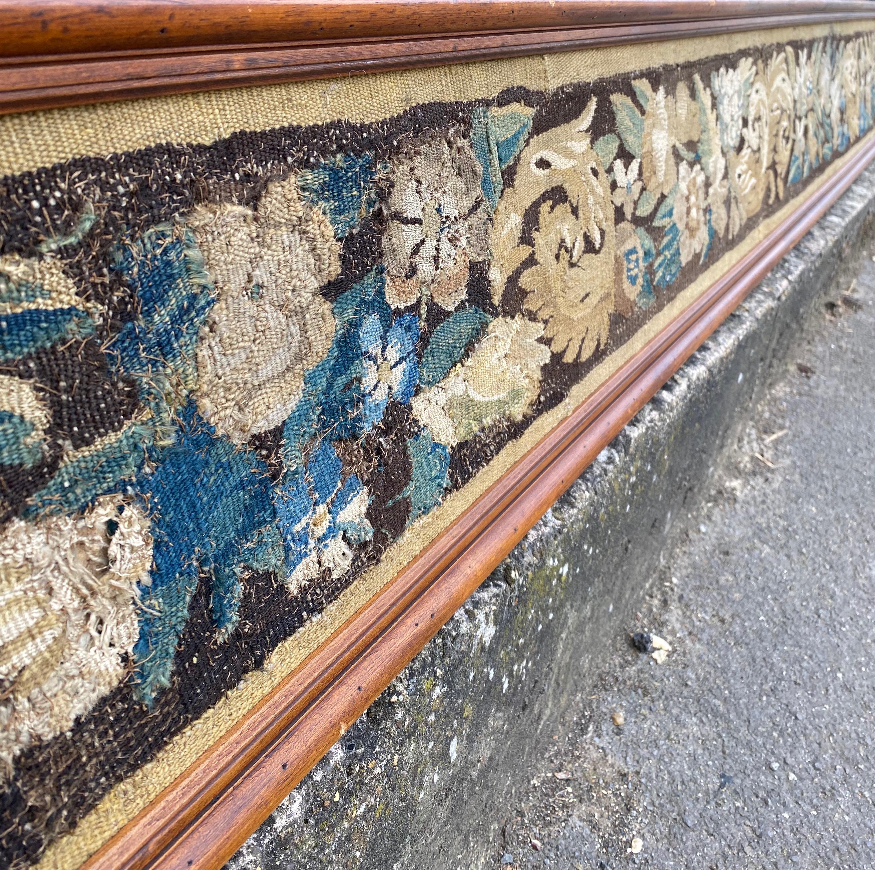 Very Long Framed Verdure Aubusson Tapestry Fragment In Fair Condition In Tetbury, GB