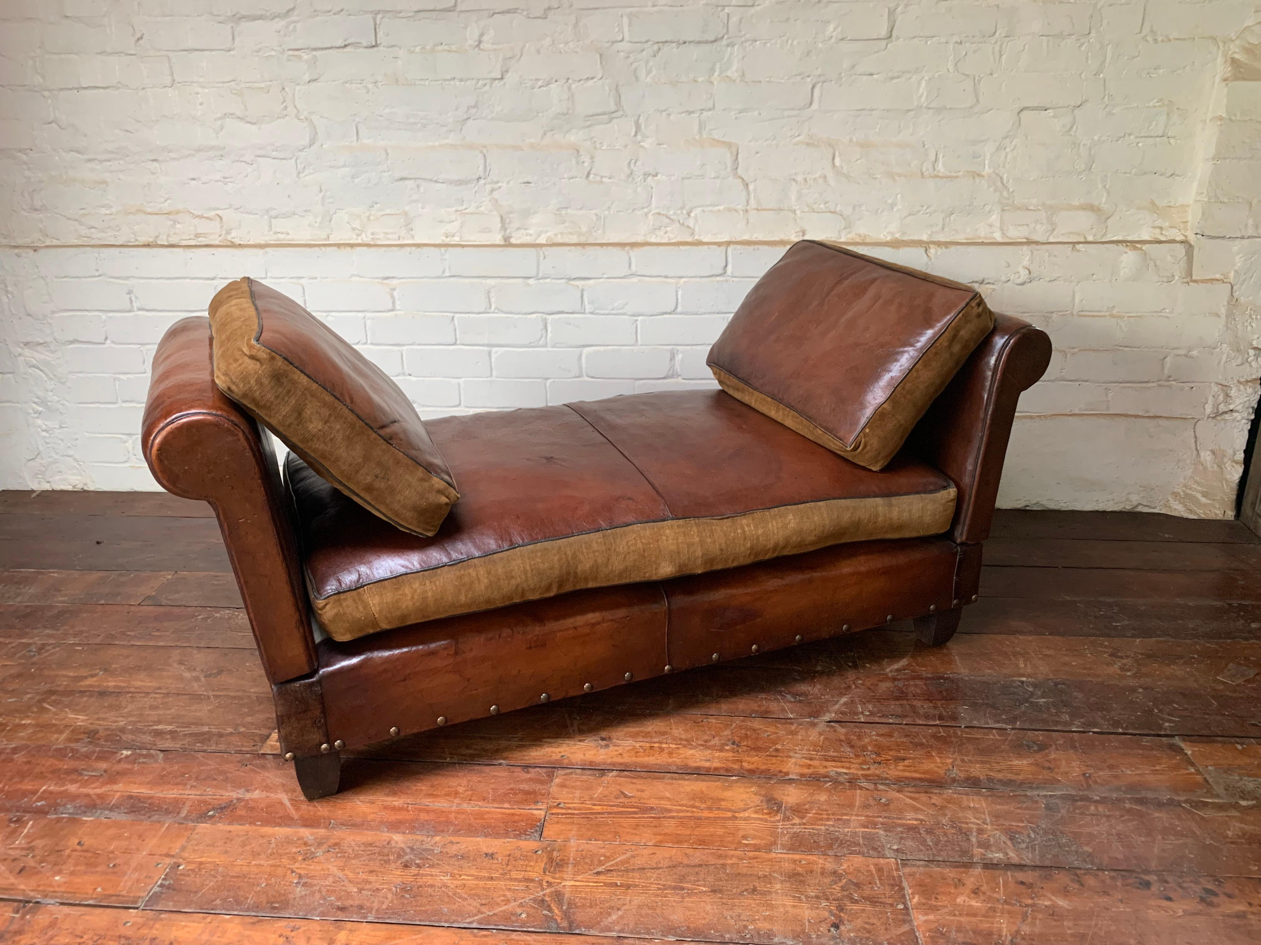 A Very Lovely, Double-Drop Arm, French Leather Banquette circa 1930’s 1