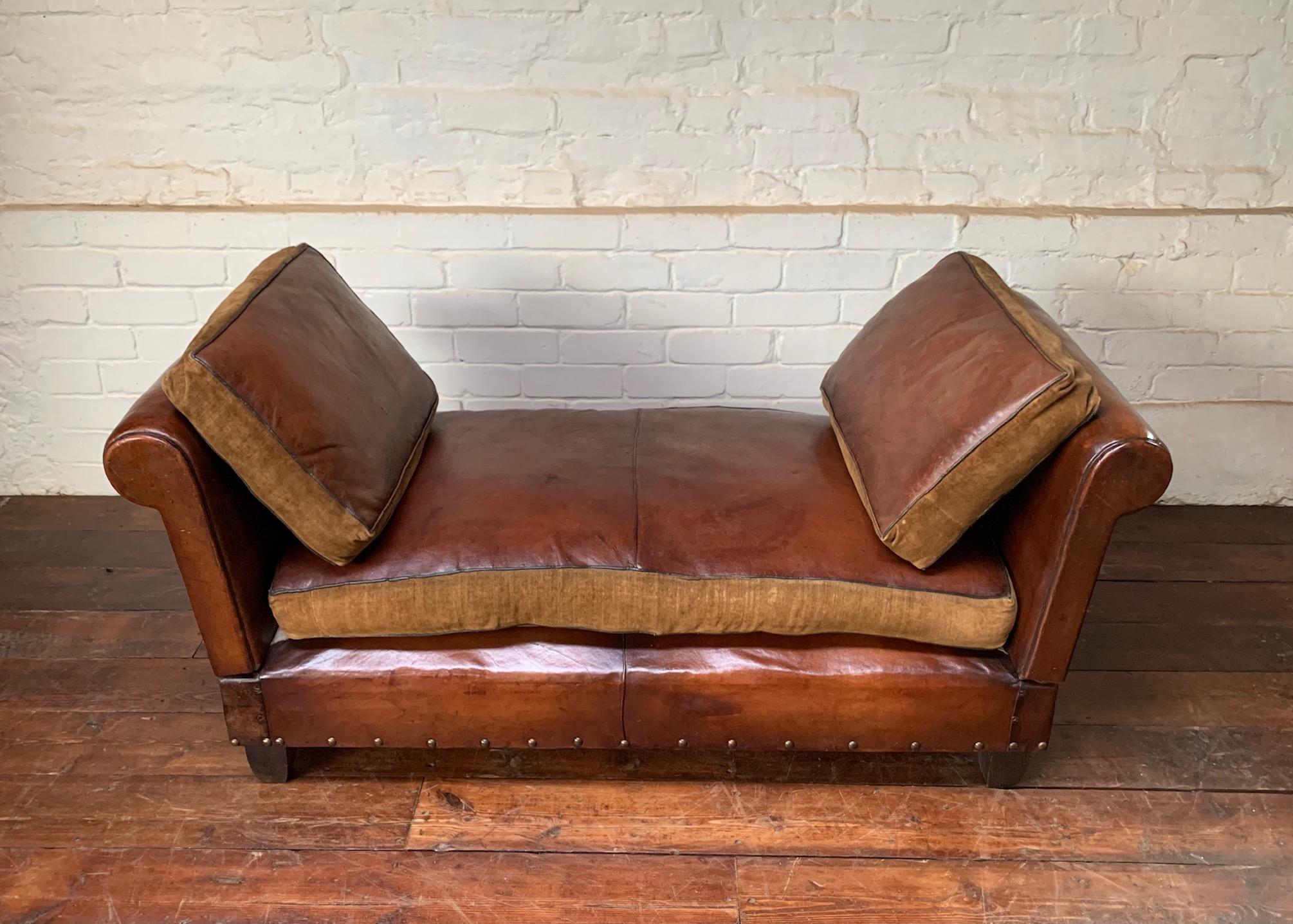 A Very Lovely, Double-Drop Arm, French Leather Banquette circa 1930’s 2