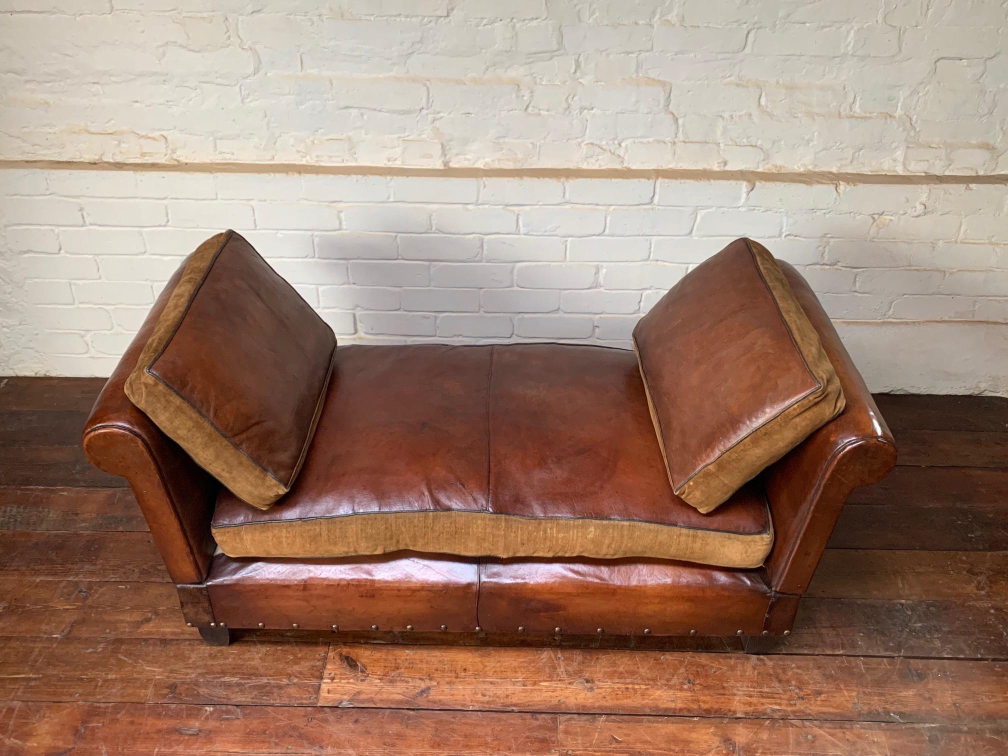 A Very Lovely, Double-Drop Arm, French Leather Banquette circa 1930’s 4