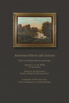 Un ejemplo muy bonito de un paisaje del río Hudson en estilo de arte popular, firmado por G. M. Willis