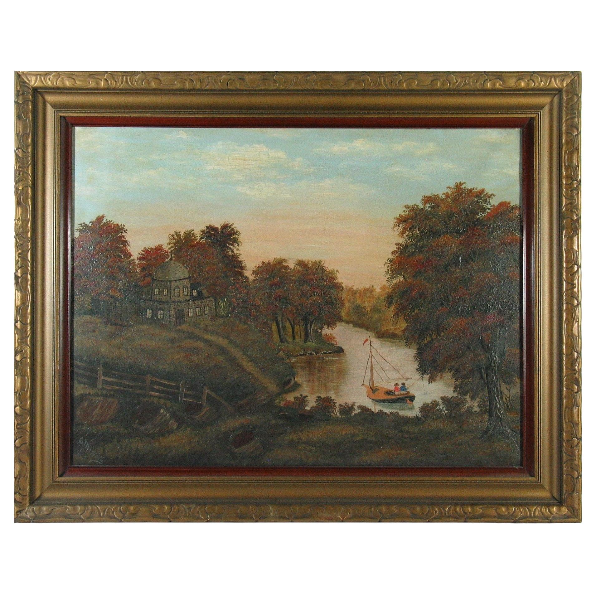 A Very Nice Example of a Folk Art Hudson River Landscape Signed G M Willis