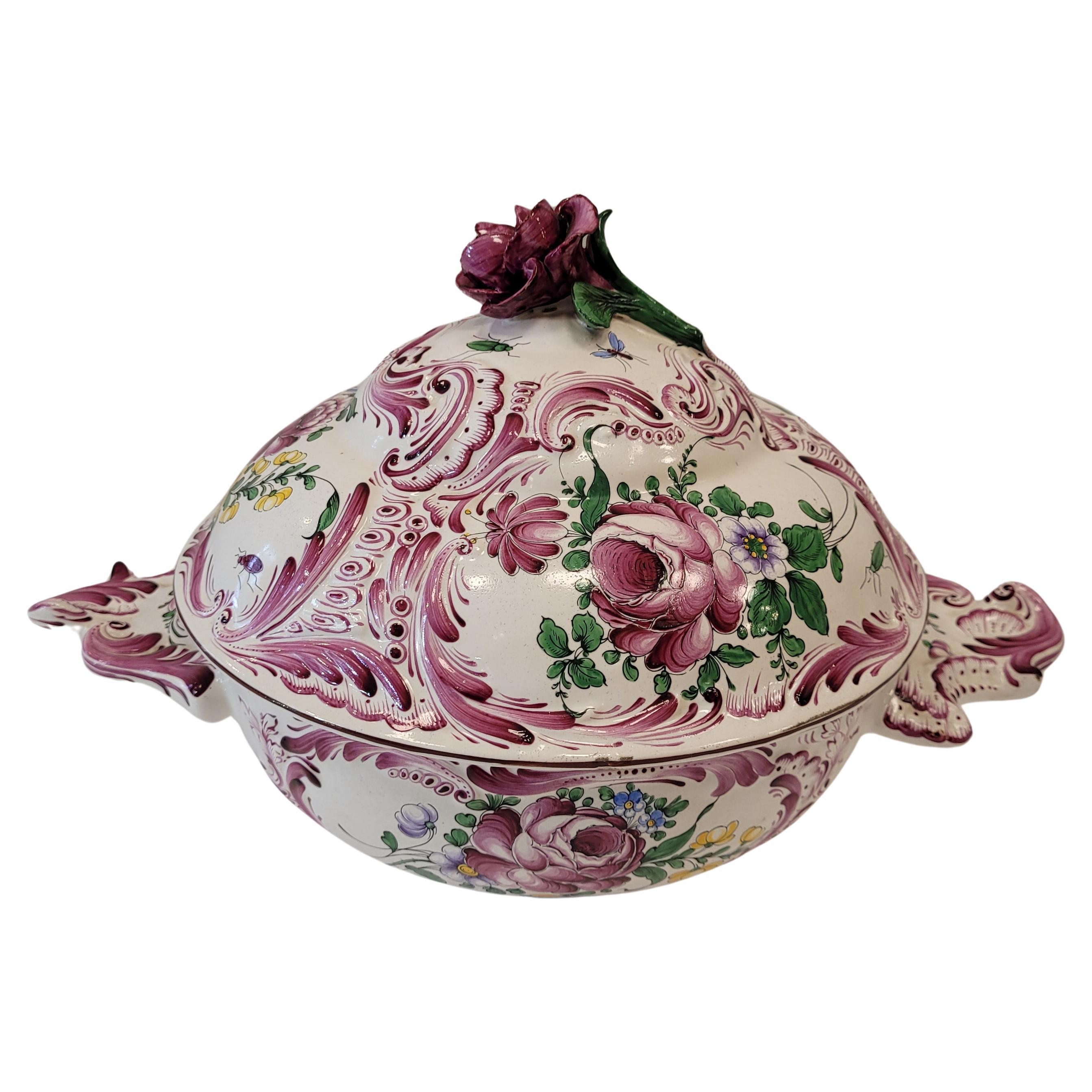 Loza francesa pintada a mano  Sopera Con Tapa Rosa Strasburg