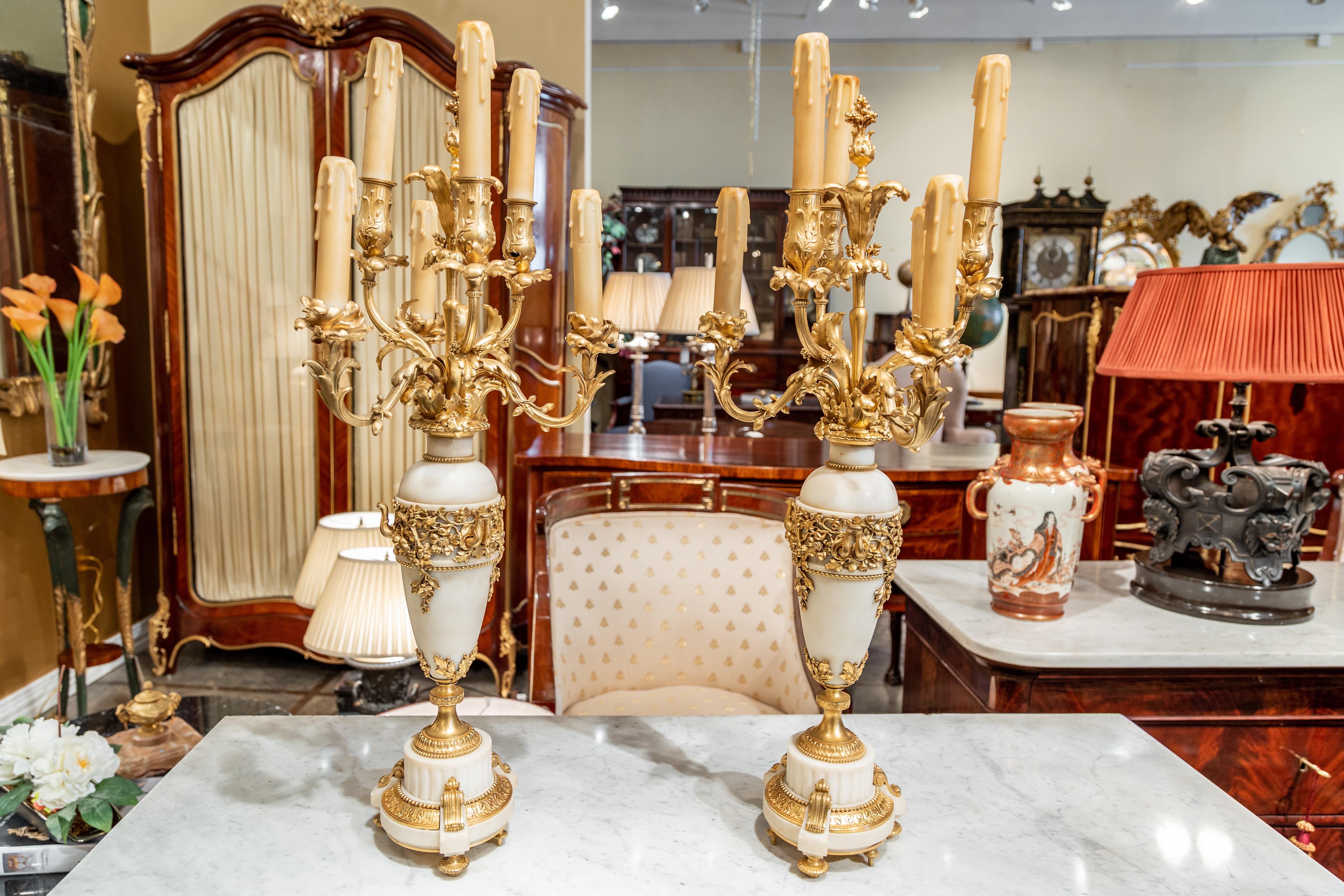 19th Century Very Pair of Carrera Marble and Gilt Bronze Large Candelabrum For Sale