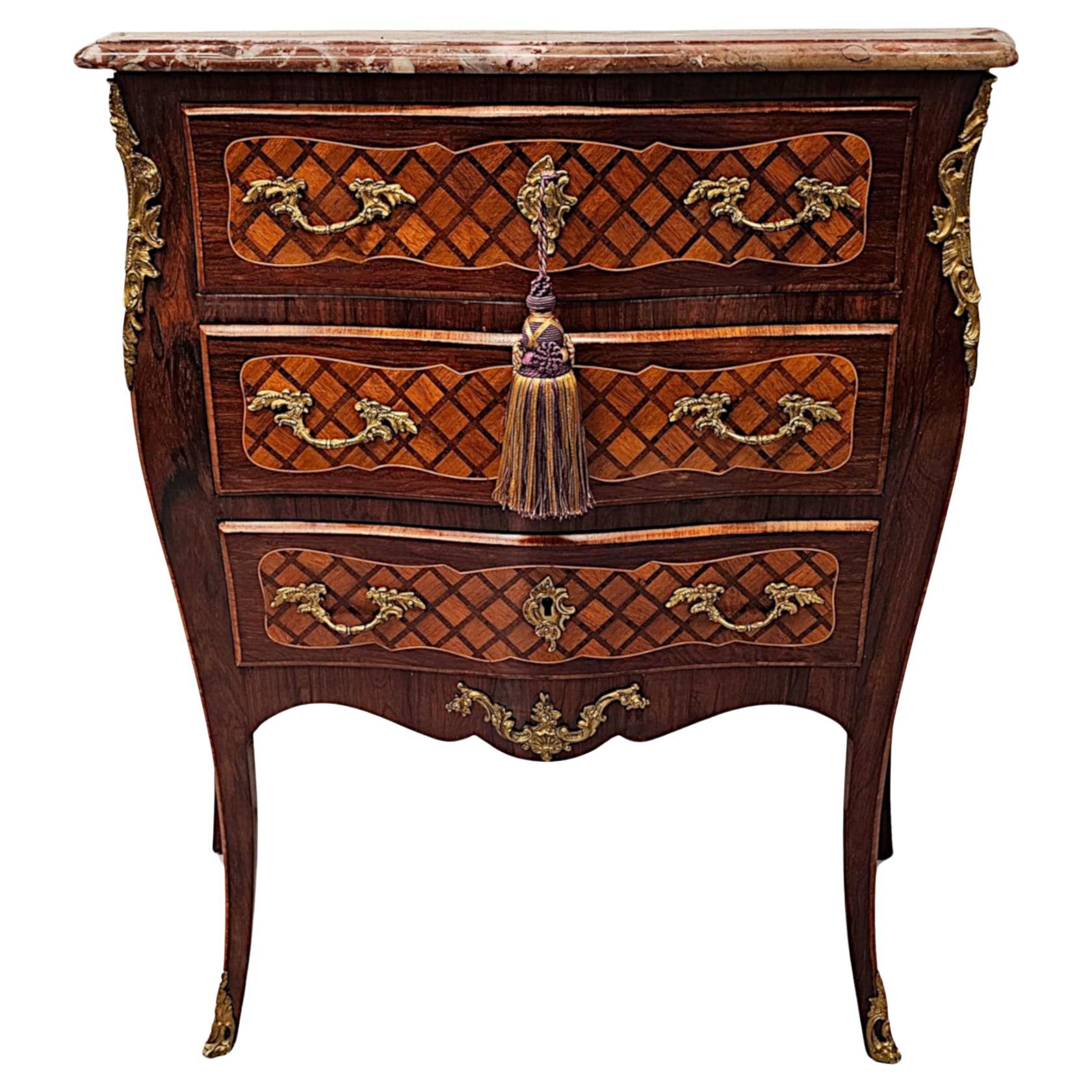 A Very Rare 19th Century Marble Top Inlaid Ormolu Mounted Chest of Drawers For Sale