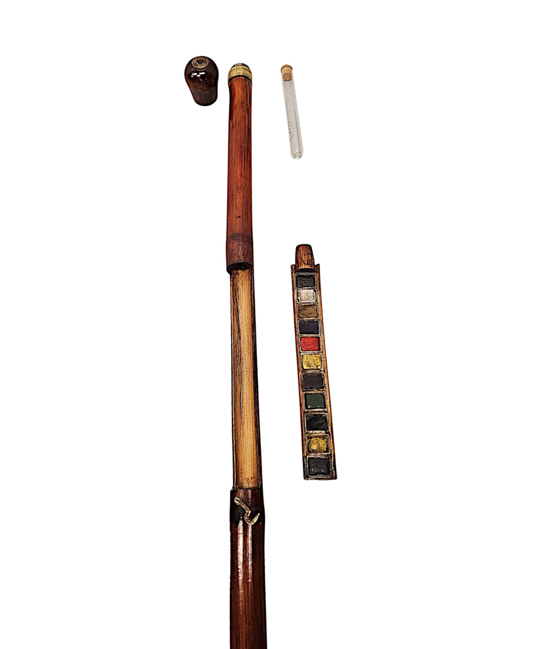 Laiton Très rare canne de marche du 19e siècle avec aquarelles et pinceaux en vente