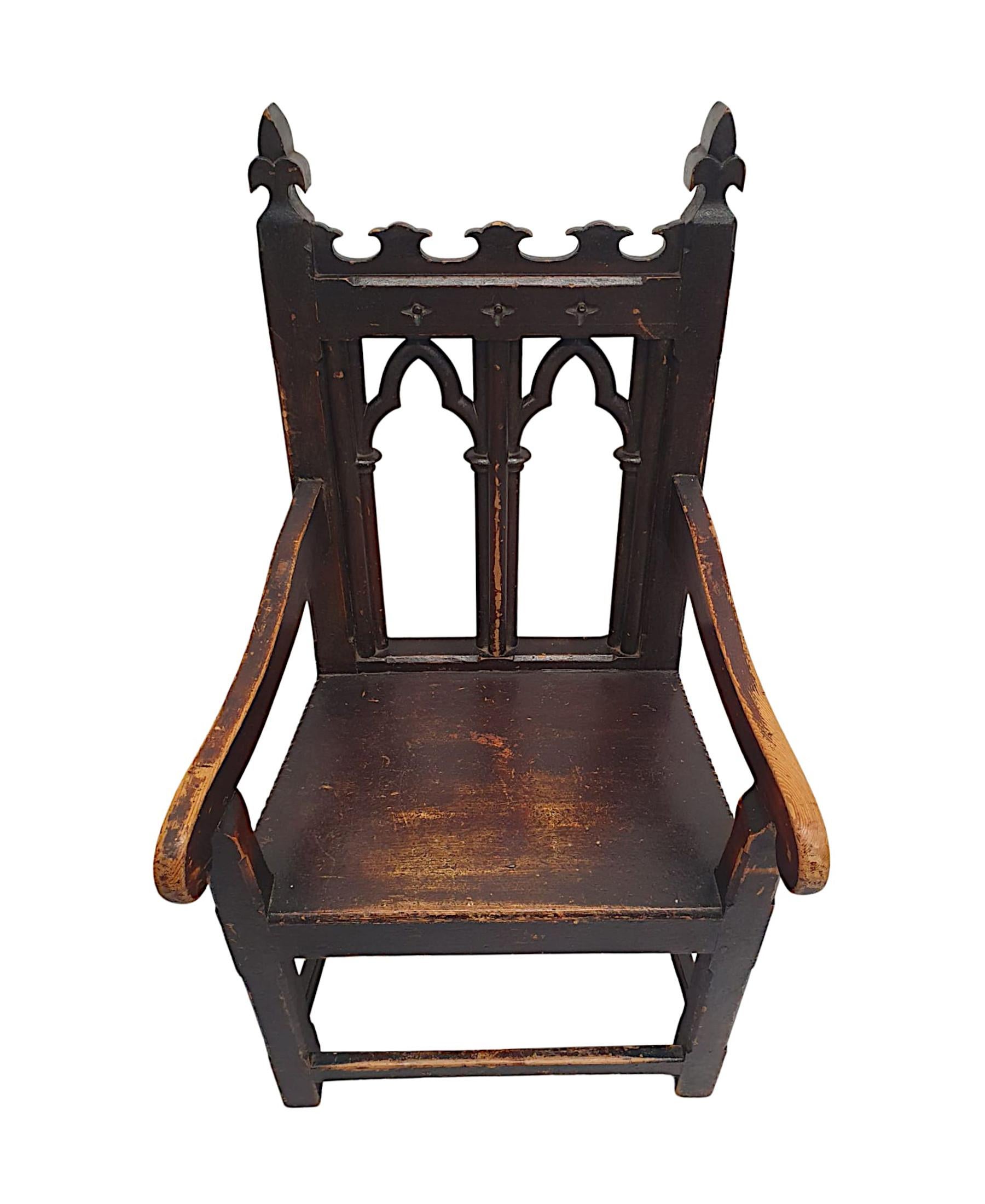 English A Very Rare and Fine 19th Century Elm and Pine Gothic Armchair For Sale