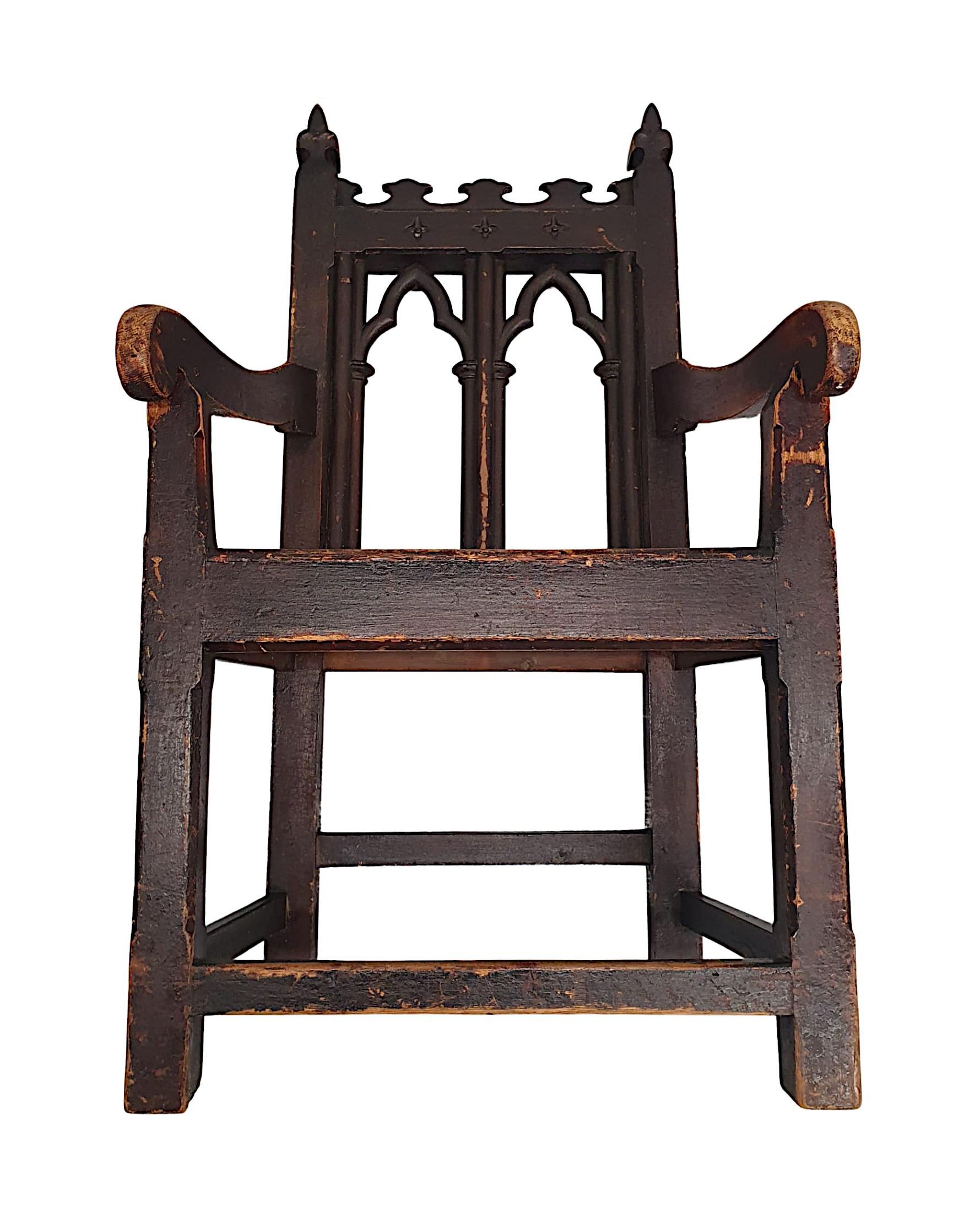 A Very Rare and Fine 19th Century Elm and Pine Gothic Armchair For Sale 1