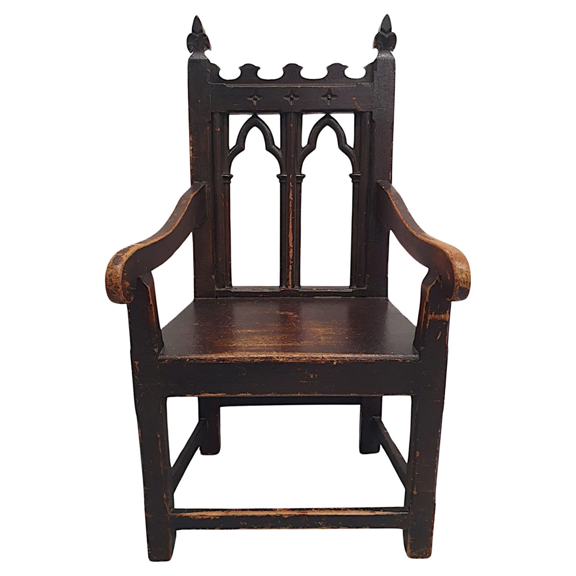 A Very Rare and Fine 19th Century Elm and Pine Gothic Armchair For Sale