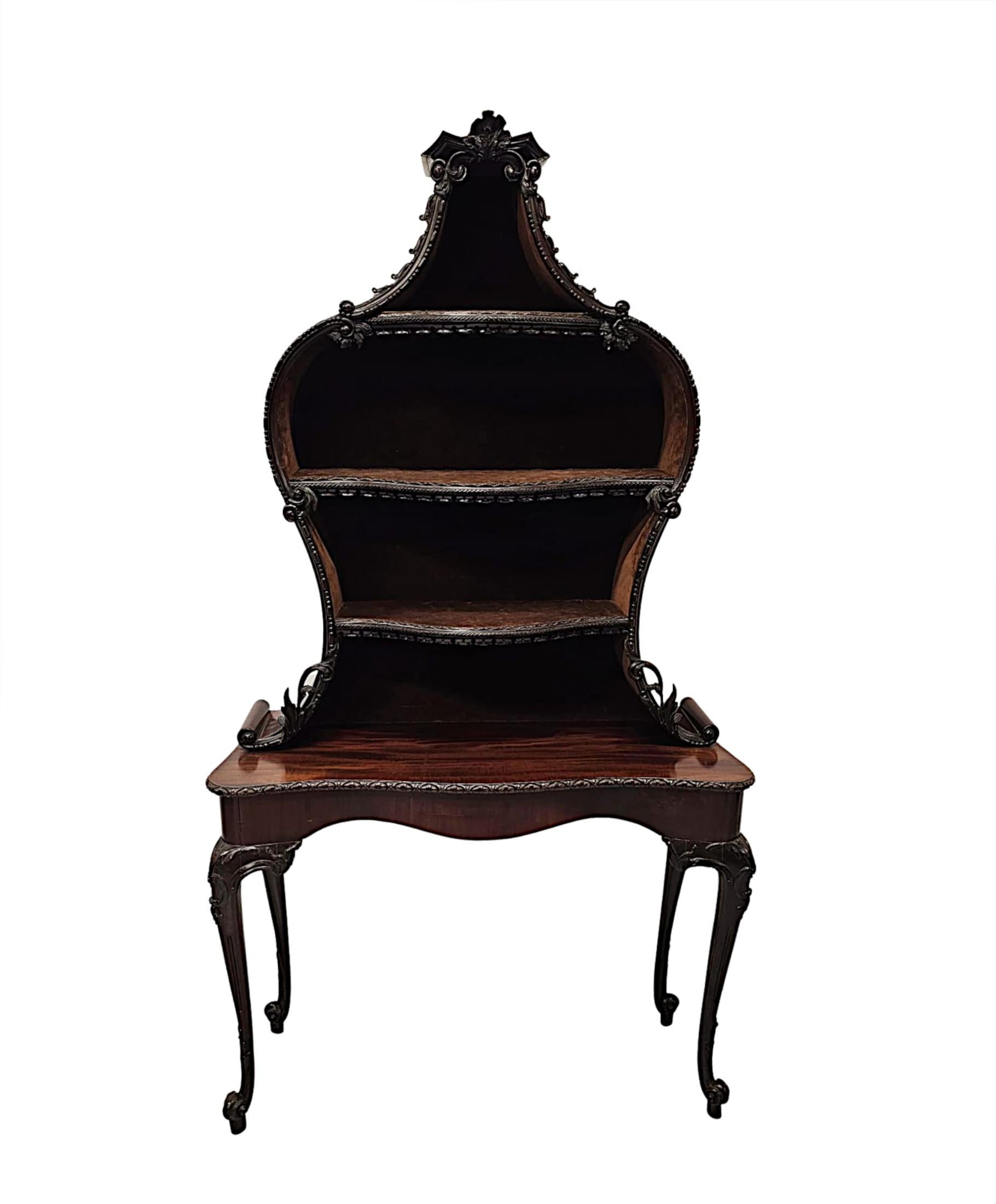 A very rare and fine unusual 19th Century pair of finely figured mahogany bookcases or display cases of exceptional quality, finely hand carved with gorgeously rich patination, grain and with intricately carved scrolls, trailing foliate,