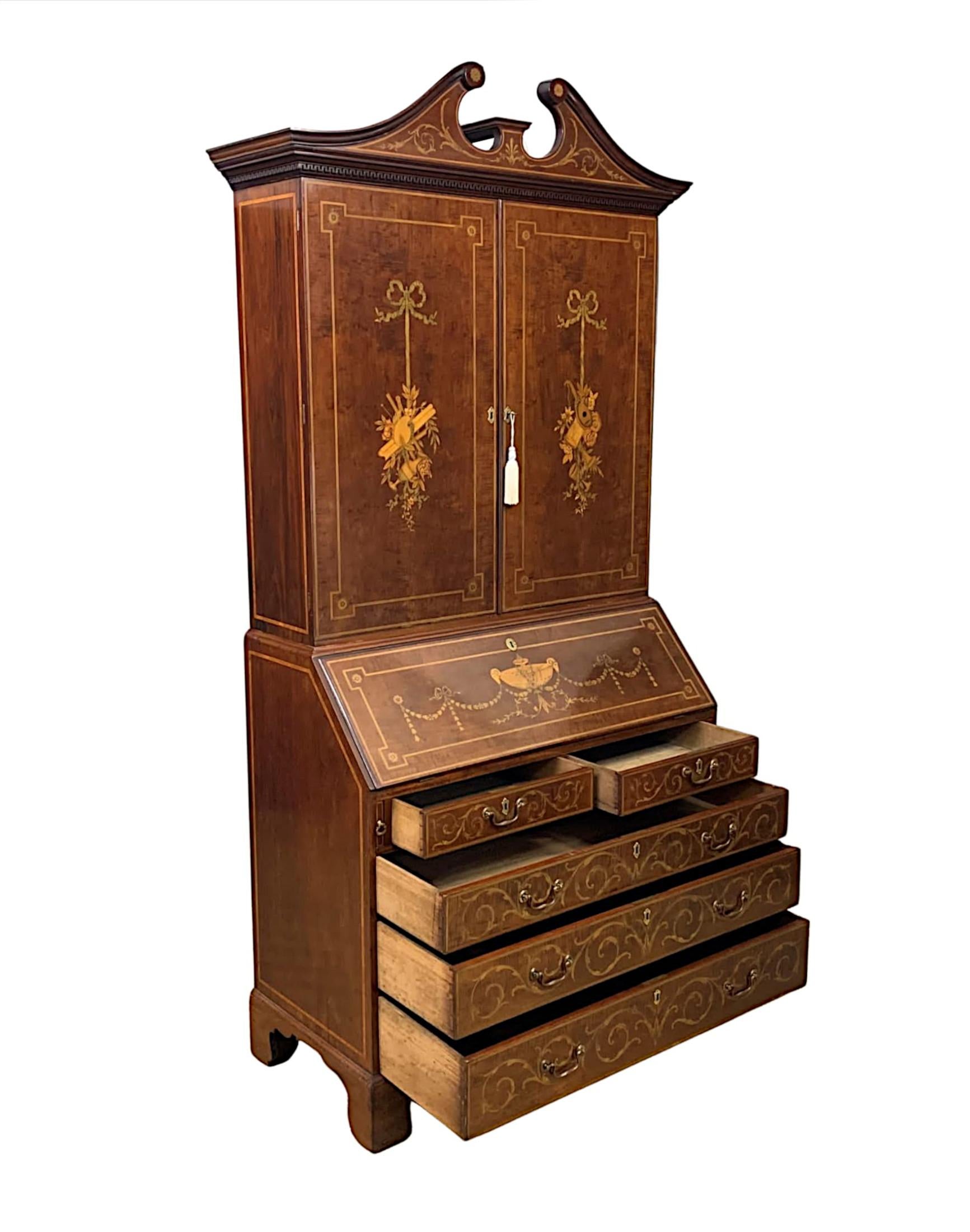 Very Rare and Fine Early 19th Century Georgian Inlaid Bureau Bookcase For Sale 1