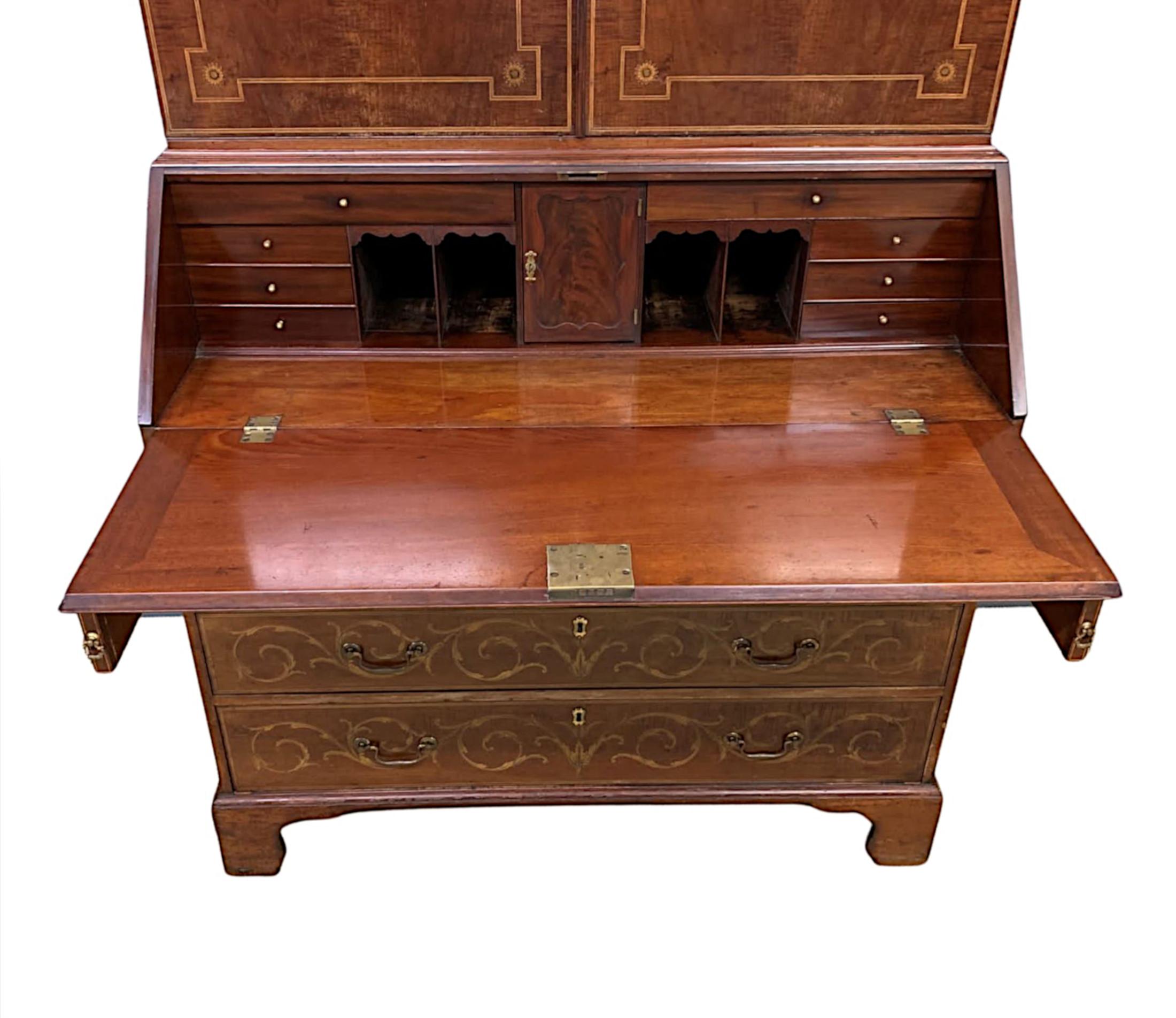 Very Rare and Fine Early 19th Century Georgian Inlaid Bureau Bookcase For Sale 3
