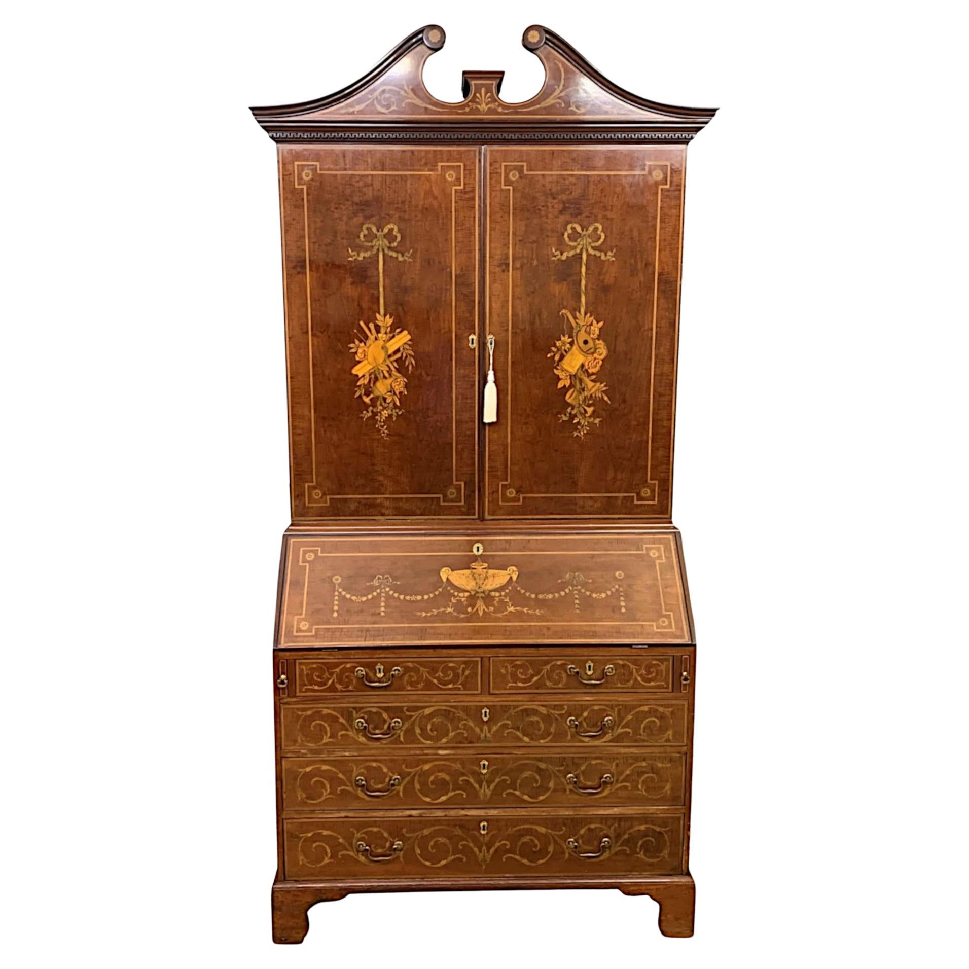 Very Rare and Fine Early 19th Century Georgian Inlaid Bureau Bookcase For Sale