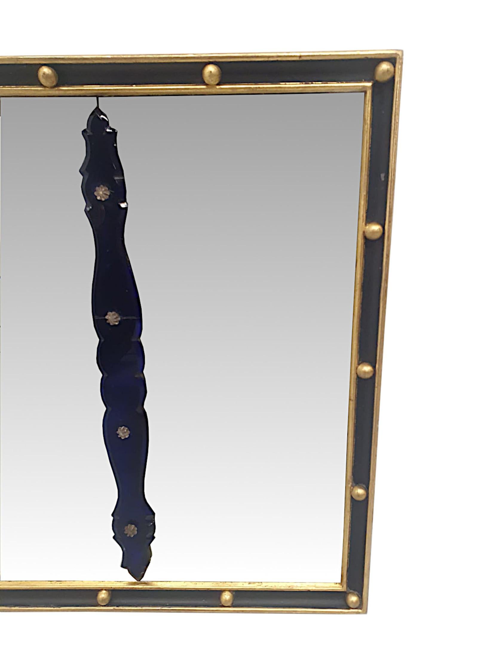 A very rare and fine early 19th Century Irish Regency compartmental triptych overmantle mirror, finely hand carved and of fabulous quality.  The three compartmental mirror glass plates with stunning hand blown beautifully shaped Bristol Blue glass