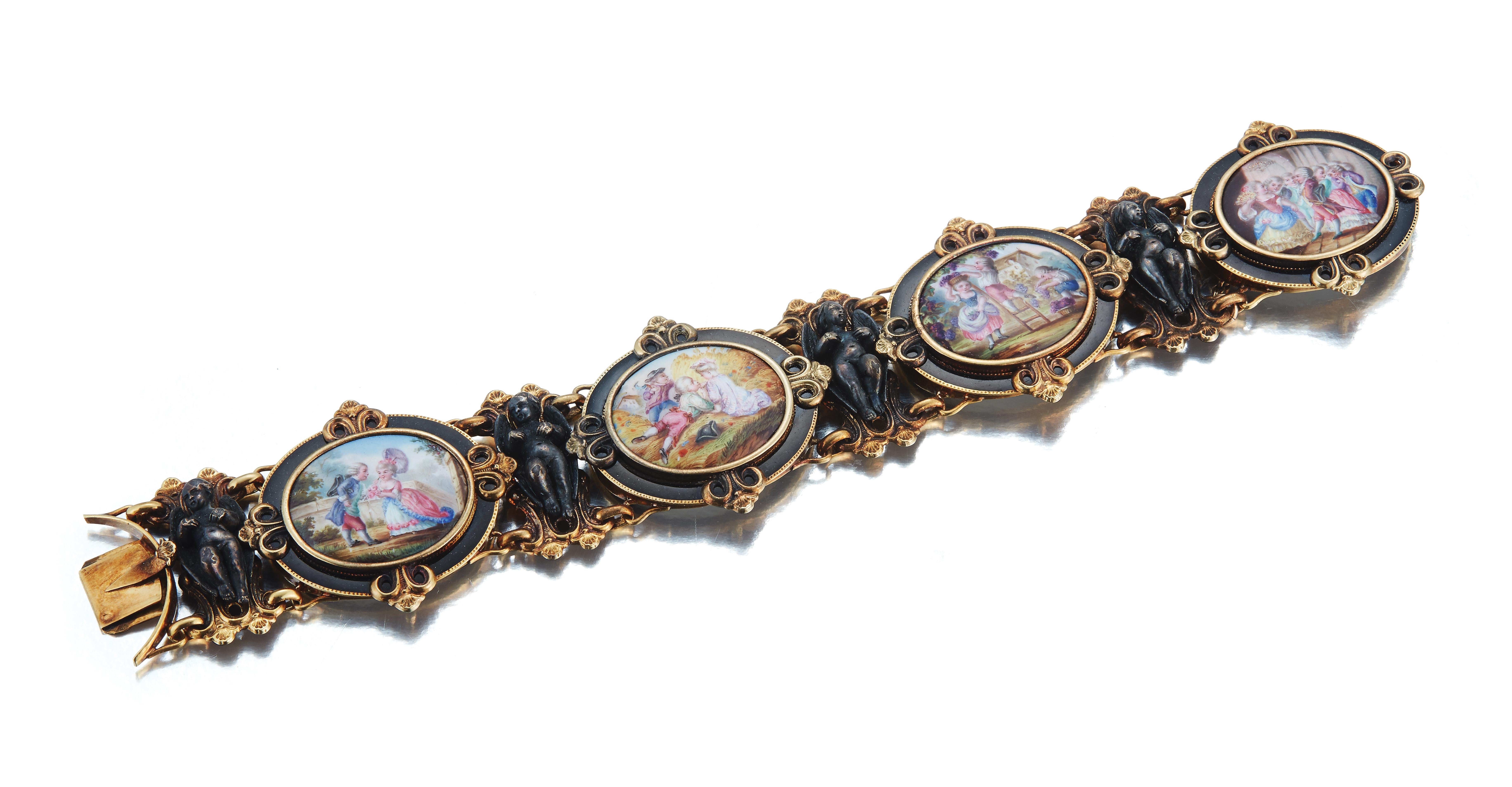 A Very Rare Antique Enamel Bracelet. 

Attributed to Froment Meurice

With original fitted box from Froment Meurice

Gold and Steel. French, 19th century

Depicted in a full page spread in the 