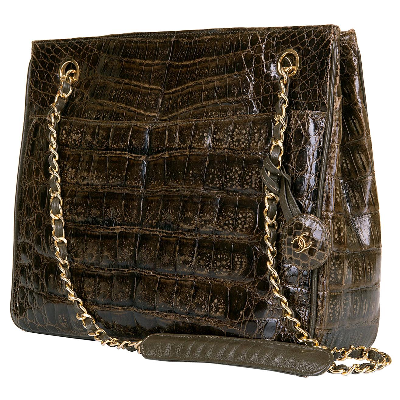 A Very Rare Chanel Chocolate Brown Alligator Shoulder Bag by Karl Lagerfeld For Sale