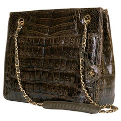 A Very Rare Chanel Chocolate Brown Alligator Shoulder Bag by Karl Lagerfeld