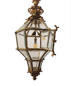 A Very Rare Early 20th Century Gilded Bronze Hall Lantern with Bevelled Glass