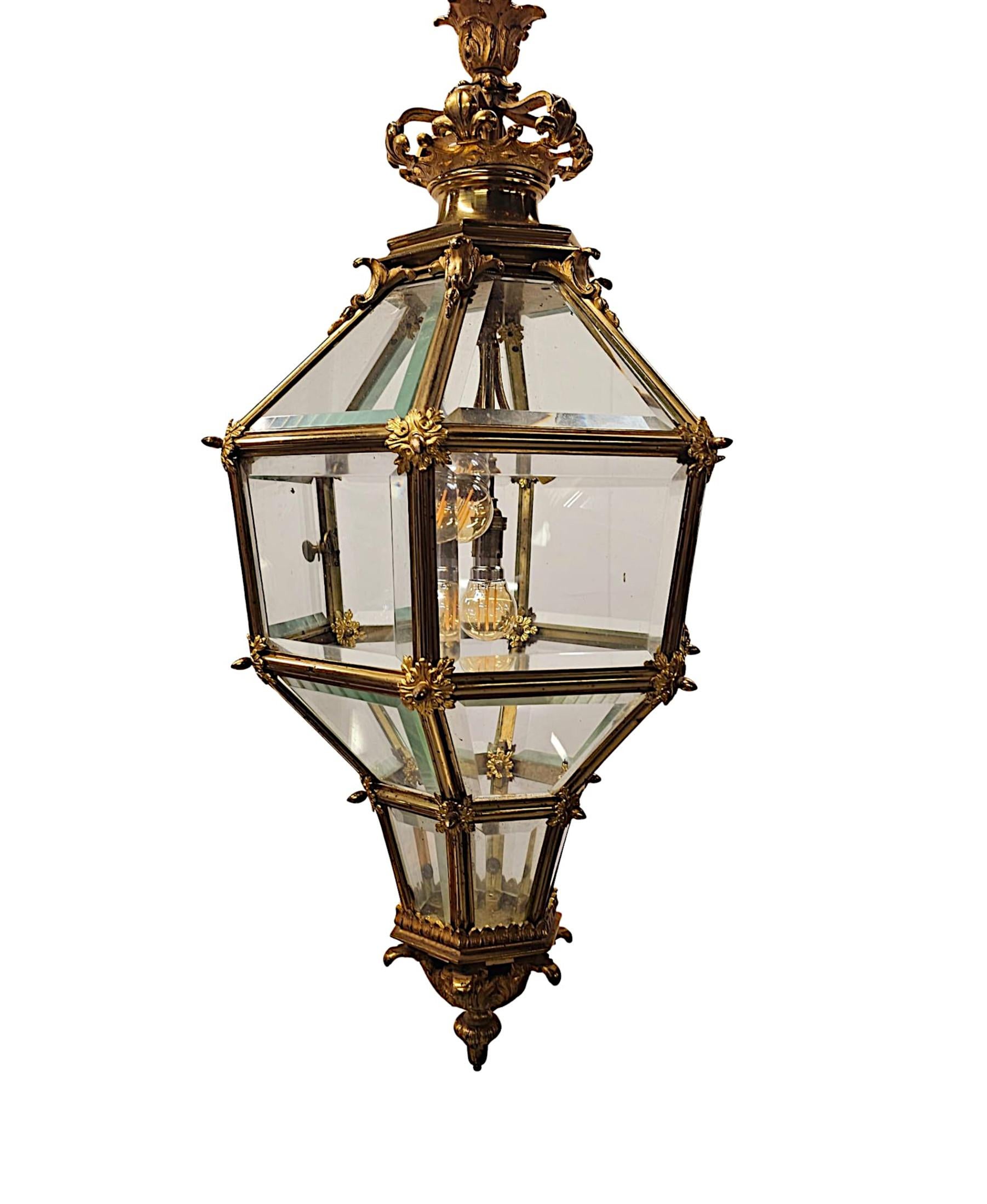 A Very Rare Early 20th Century Gilded Bronze Hall Lantern with Bevelled Glass