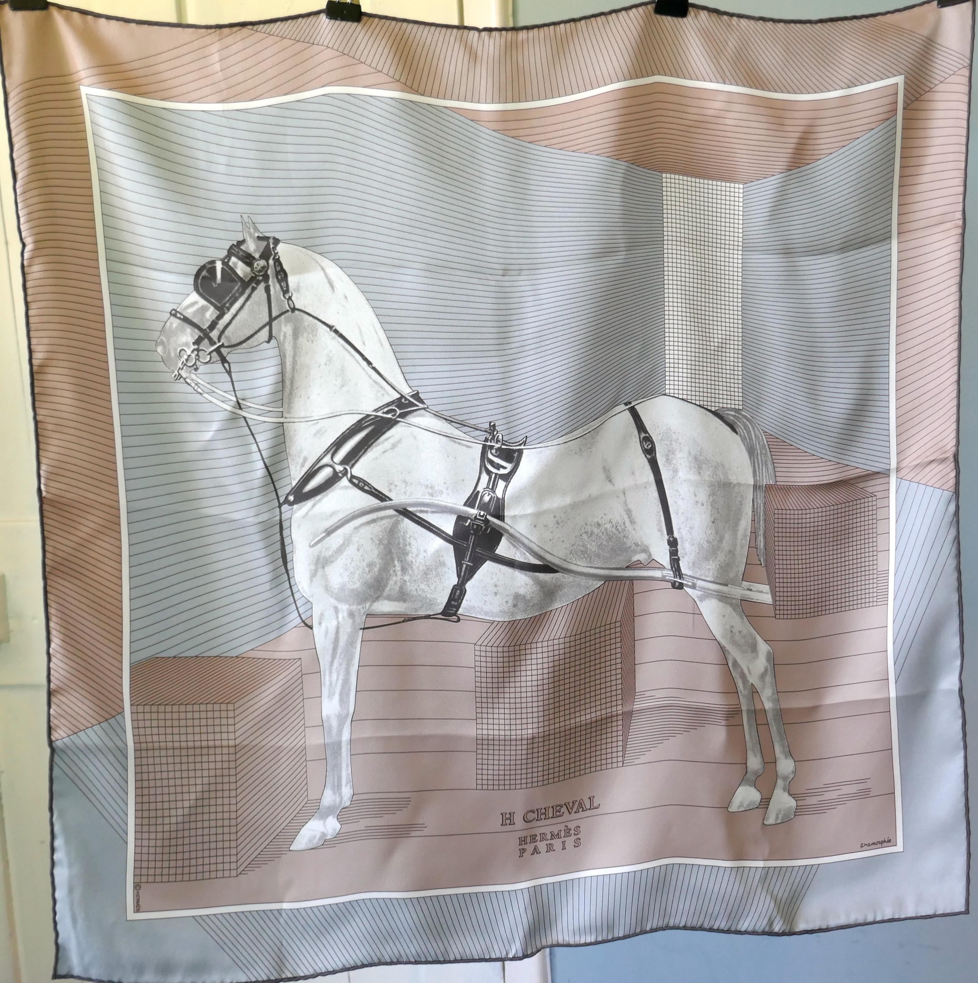 A Very Rare Hermes 100% Silk Scarf “H Cheval” by Anamorphée 2