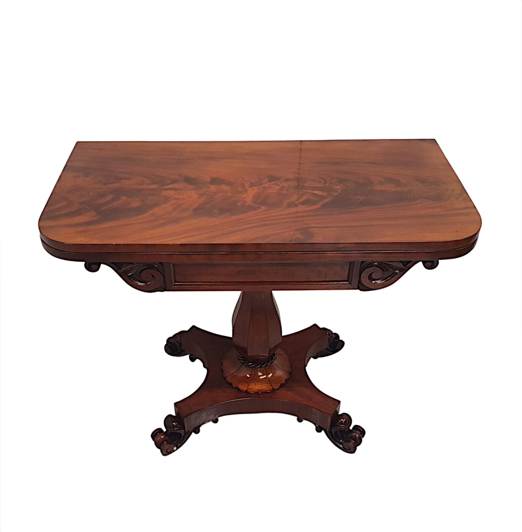 A very rare pair of 19th century William IV mahogany card tables attributed to Dublin maker Williams & Gibton. This fabulous pair of turn over leaf card tables are of gorgeous quality, finely hand carved with rich patination and grain. The finely