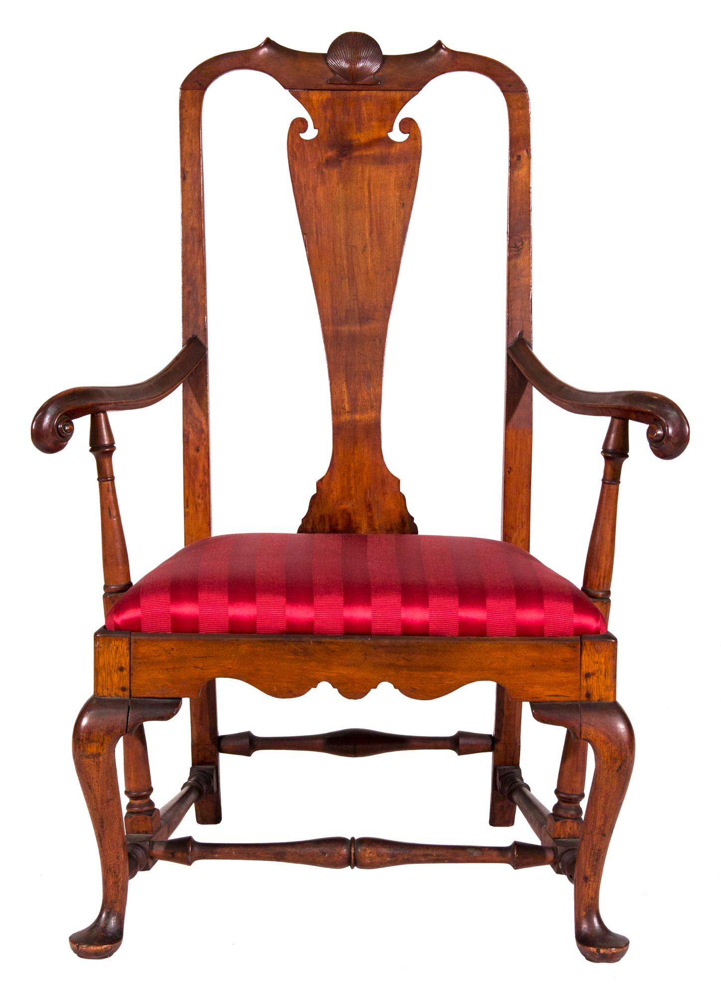 Provenance: Reputedly Benedict Arnold, and descended through the Ames Family of Newport, RI, circa 1730.

This is a magnificent small armchair with a wonderful shell carved into the solid of the crest rail. Note the long, then tapering splat, and