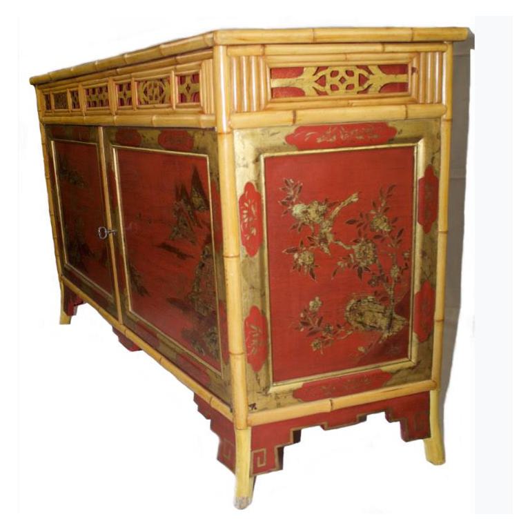 European Very Rare Red Japanned and Bamboo Sideboard