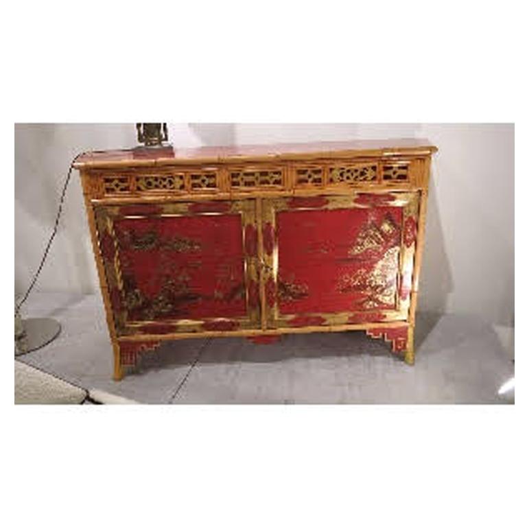 Very Rare Red Japanned and Bamboo Sideboard In Good Condition In Palm Beach, FL