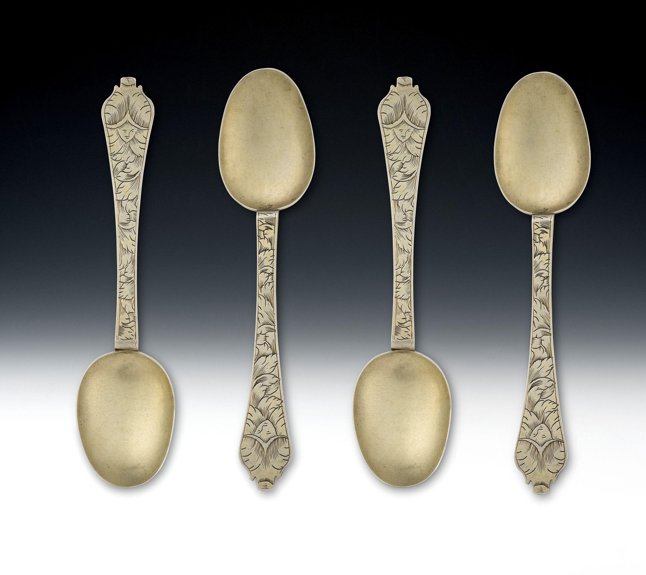 This exceptionally rare set of William & Mary silver gilt Trefid Teaspoons were made in London circa 1690 and are stamped with the maker's mark of AH with a crown above and a cinquefoil below. As you will appreciate, it is very rare to find a set of