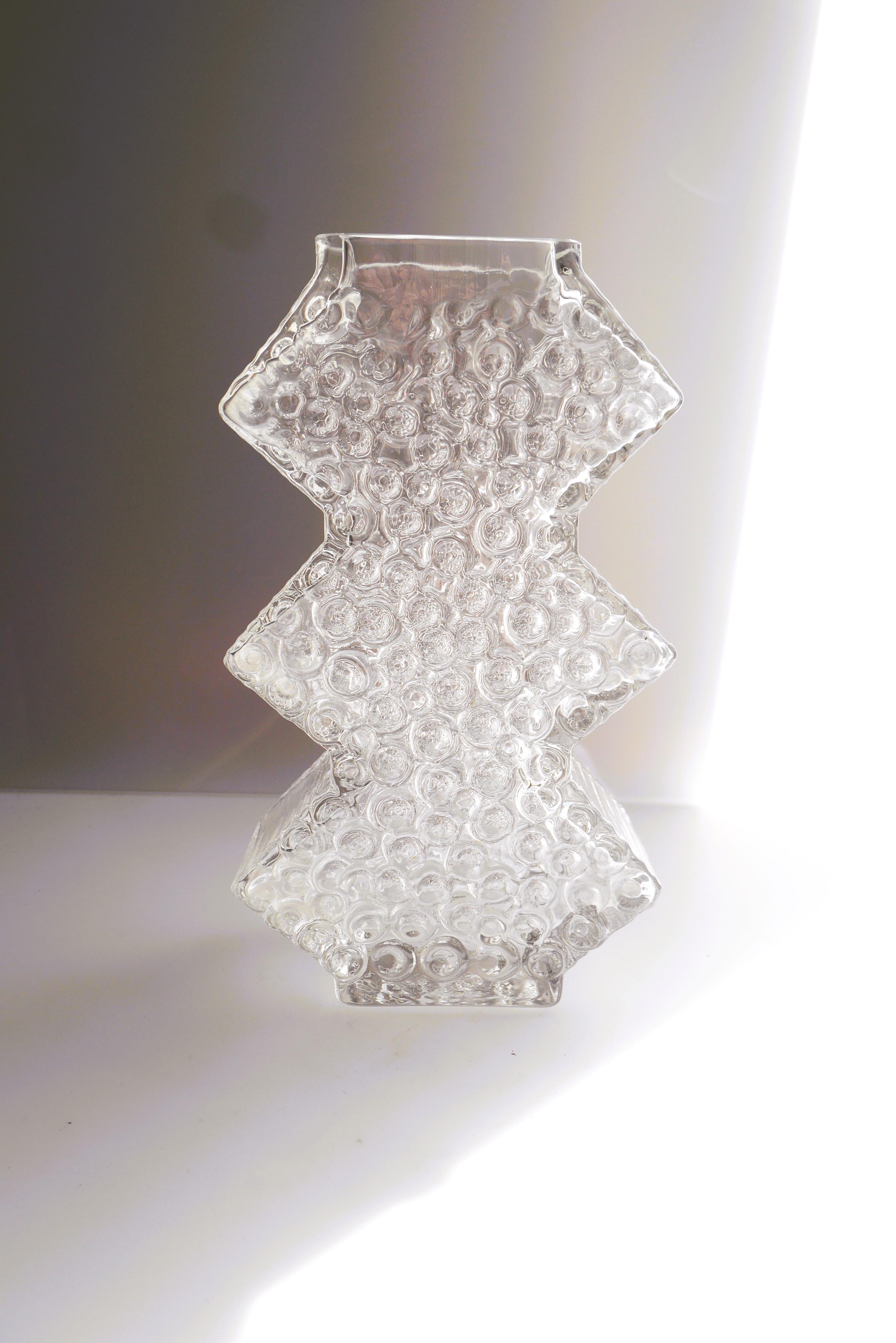A fantastic ahndmade glass vase, with unusual shape made by the talented Josef Schott for Smålandshyttan, Sweden. It is the details and especially the shape that makes this vase so special. It reminds of a christmas tree with intricate small