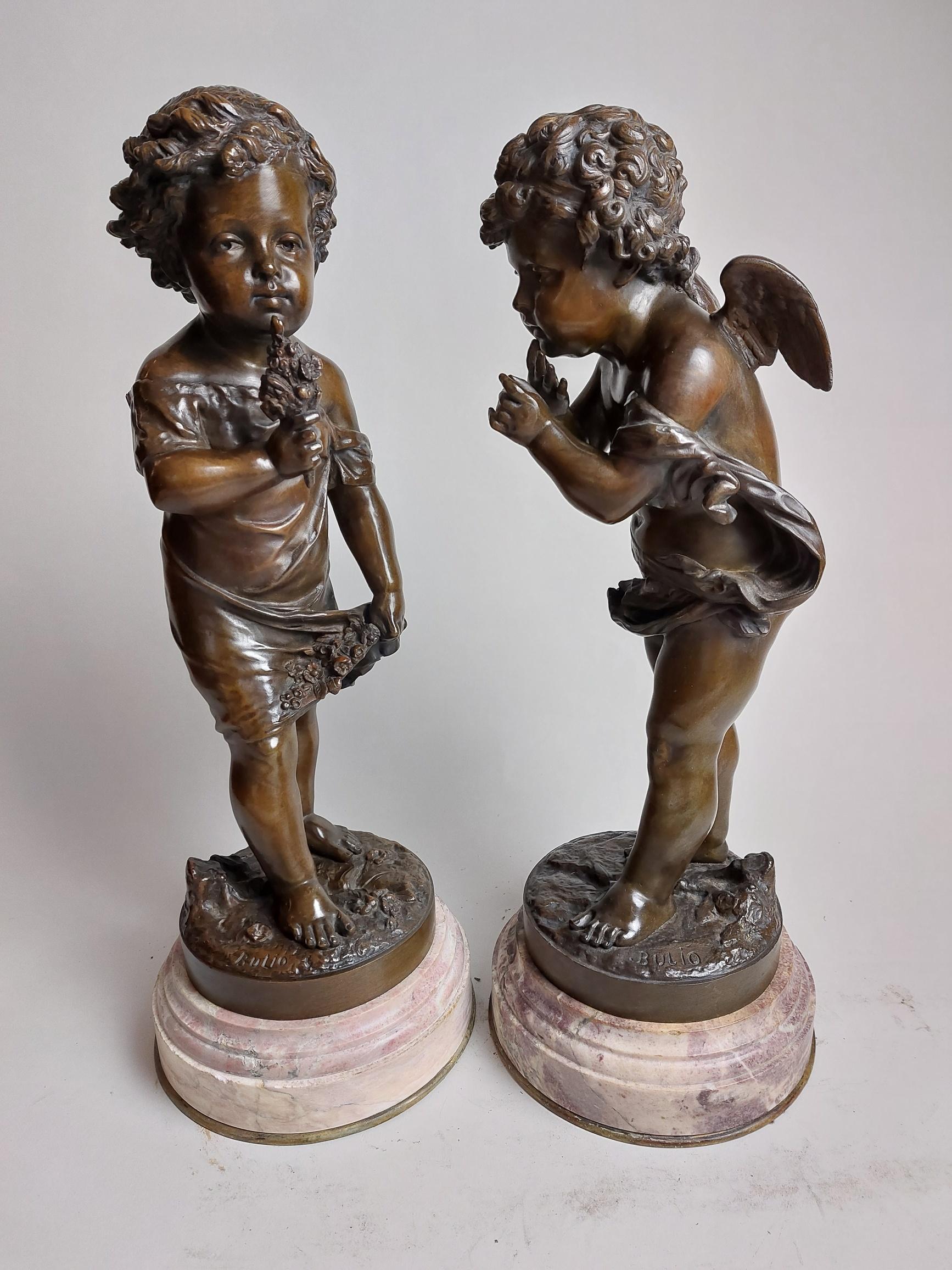 Baroque Revival Very Sweet Pair of 19th Century French Bronzes Depicting Cherubs Signed Bulio For Sale