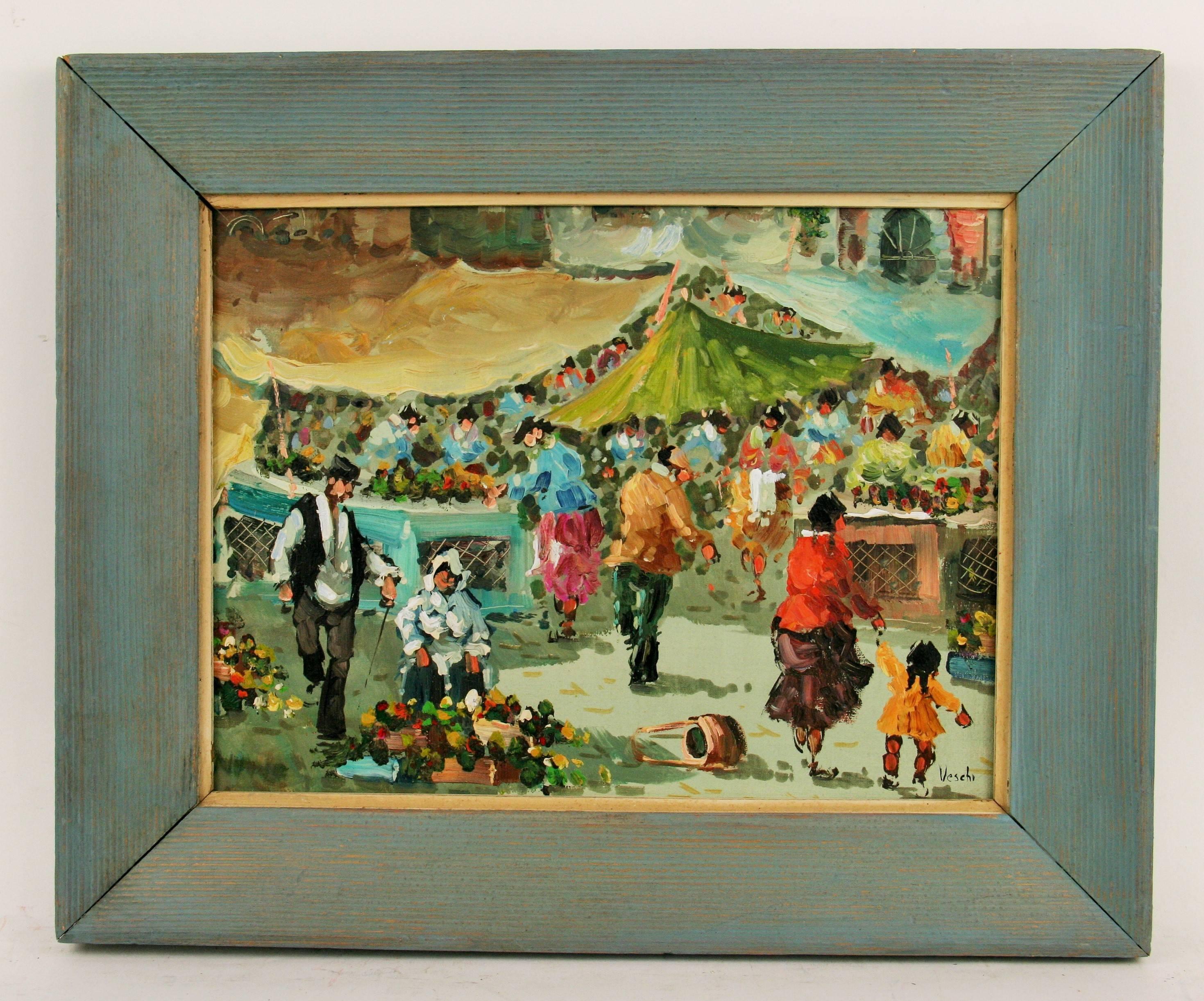 Impressionniste  Marché dominical en plein air de Paris  Peinture figurative de paysage - Impressionnisme Painting par A. Veschi