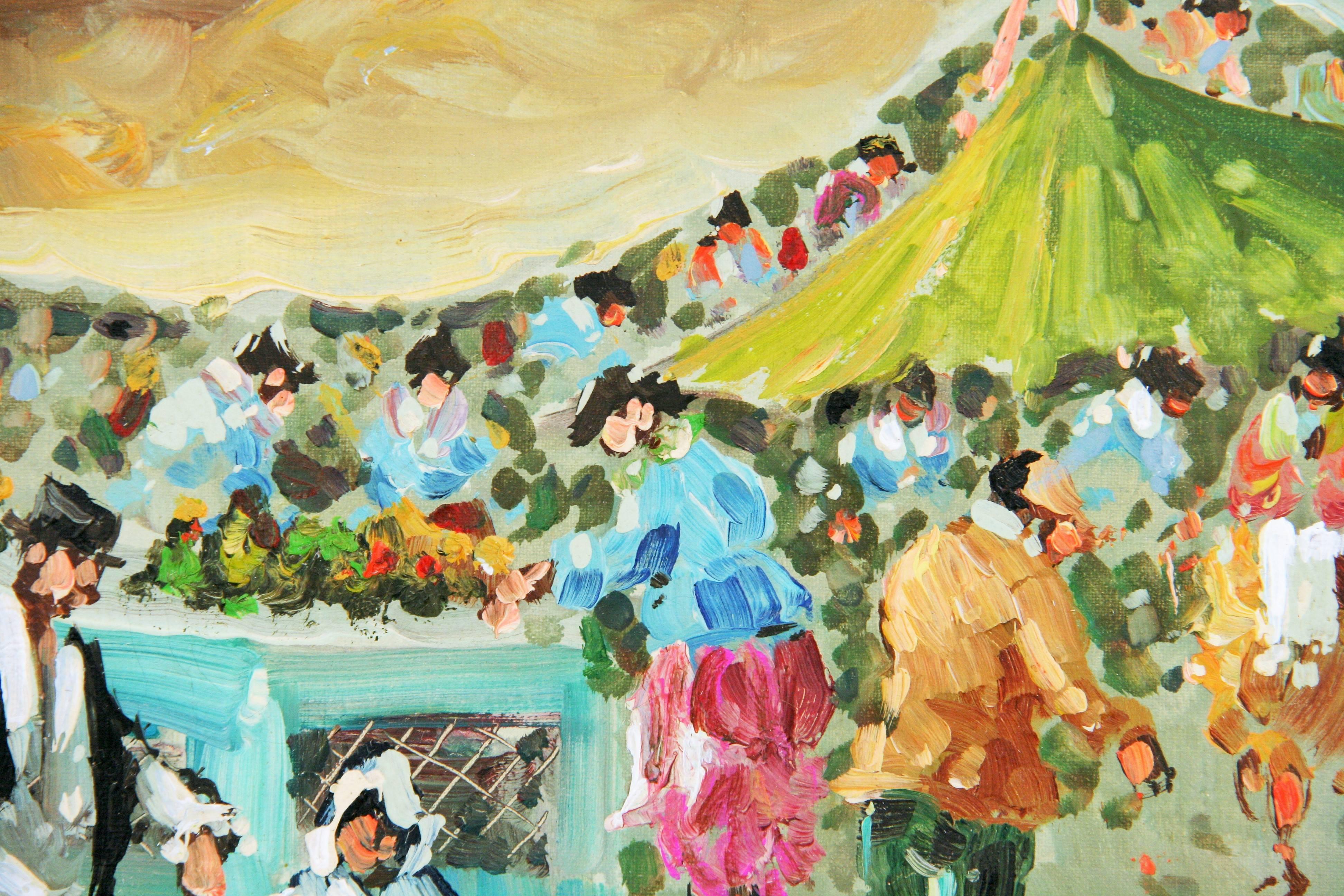 Impressionniste  Marché dominical en plein air de Paris  Peinture figurative de paysage - Beige Figurative Painting par A. Veschi