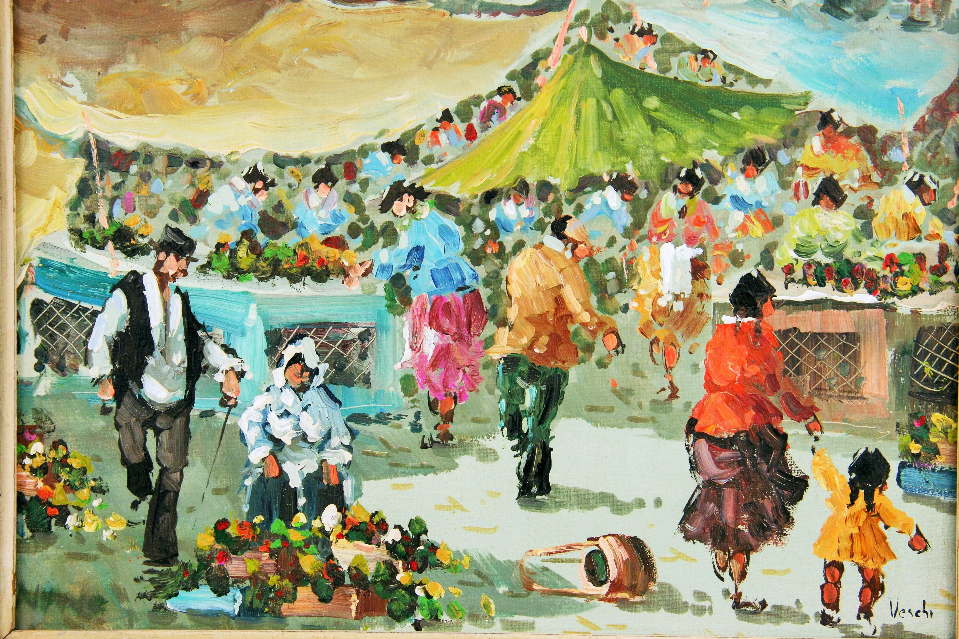 Figurative Painting A. Veschi - Impressionniste  Marché dominical en plein air de Paris  Peinture figurative de paysage