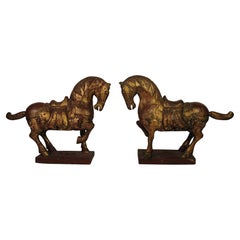 A Vibrant Pair of Tang Dynasty Style Hand Painted & Hand Carved Chinese Horses