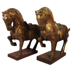 A Vibrant Pair of Tang Dynasty Style Hand Painted & Hand Carved Chinese Horses