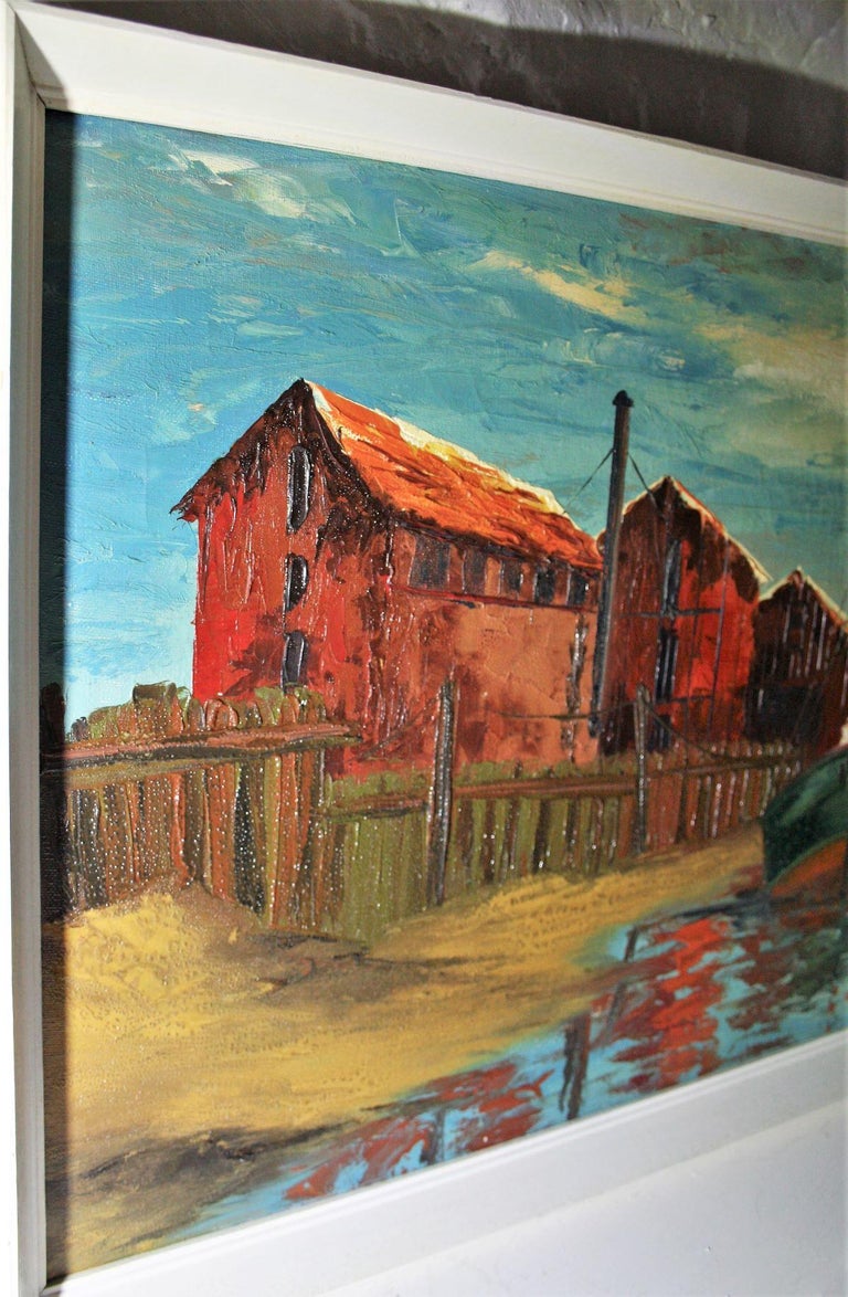 Vibrant Sea Dockside Mooring Oil Painting Named 'Herring Sheds' by Ron