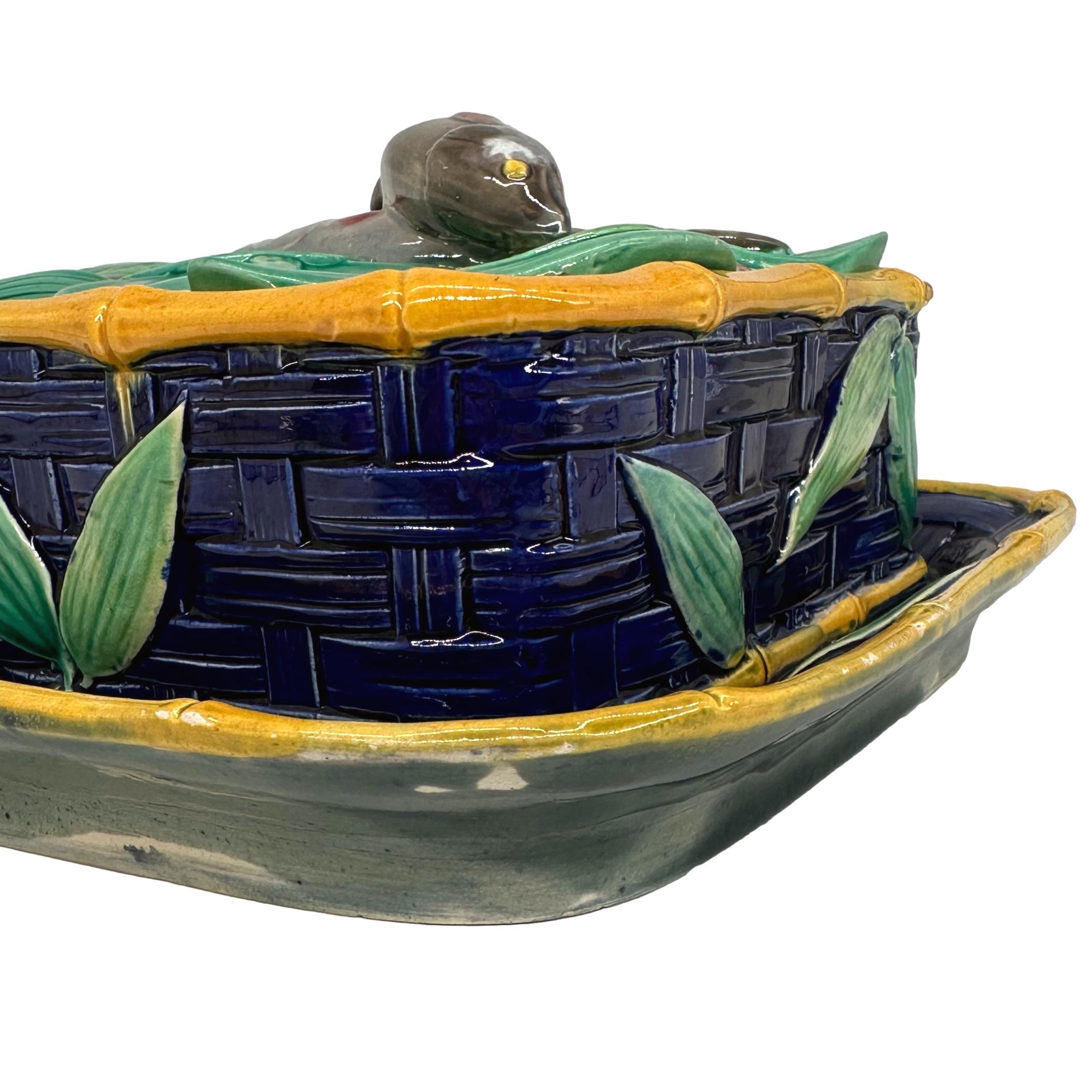 A Victoria Pottery Majolica Cobalt Basketweave Sardine Box, English, ca. 1883 For Sale 5