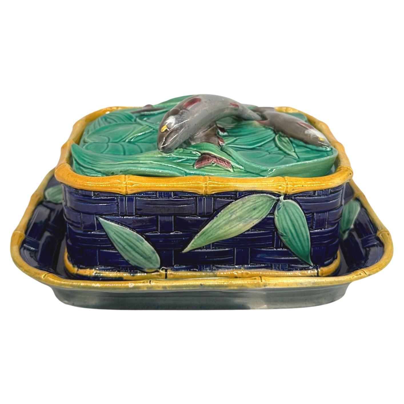 A Victoria Pottery Majolica Cobalt Basketweave Sardine Box, English, ca. 1883 For Sale