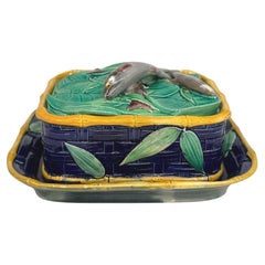 Used A Victoria Pottery Majolica Cobalt Basketweave Sardine Box, English, ca. 1883