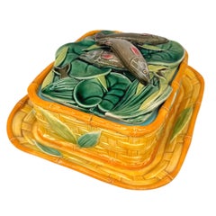 A Victoria Pottery Majolica Yellow Basketweave Sardine Box, English, ca. 1882