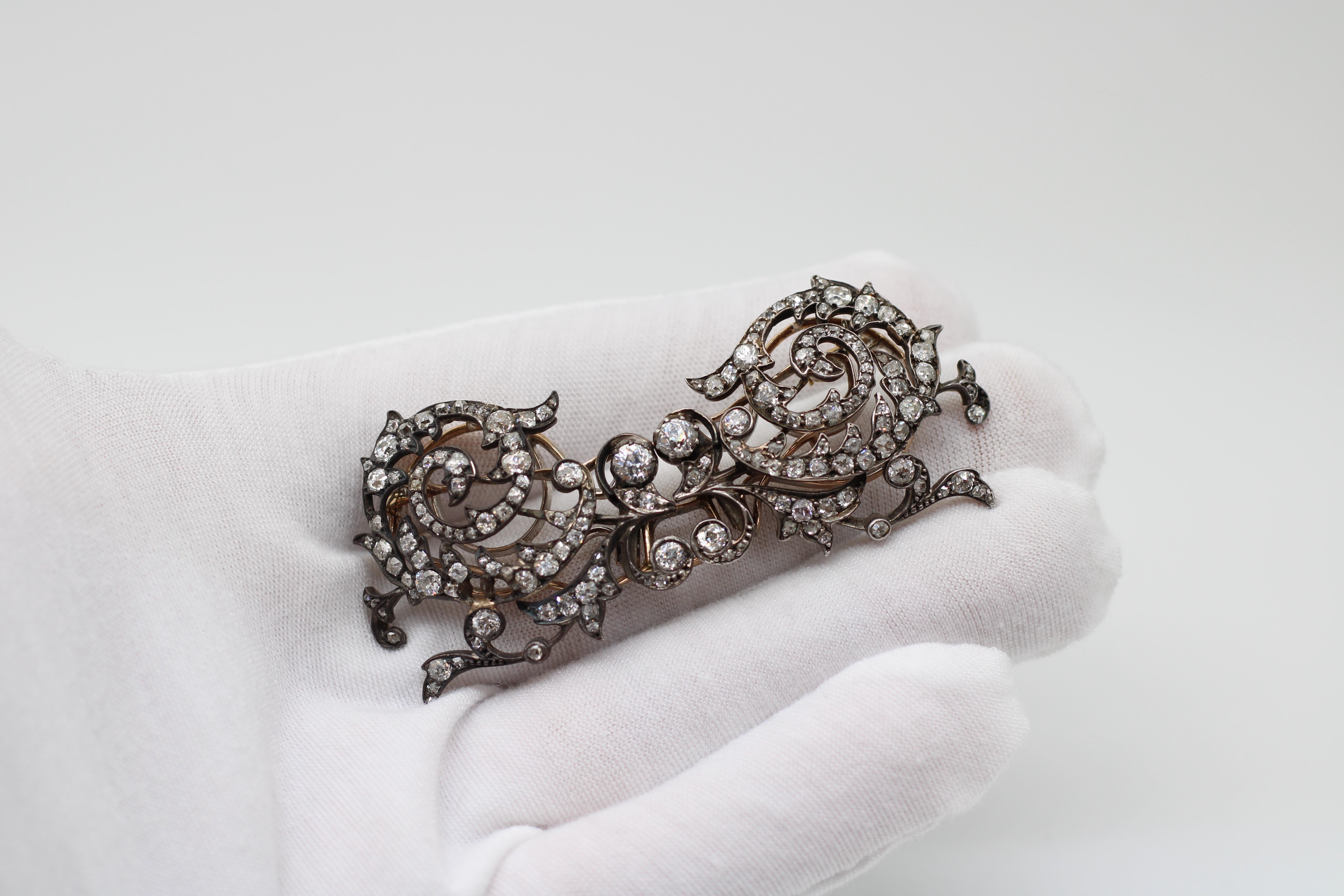 A Victorian 10.16 Old Mine & Old European Art Deco Silver & Gold Double Brooch For Sale 3