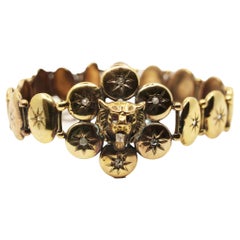 Bracelet victorien à tête de lion en or 9K serti de diamants